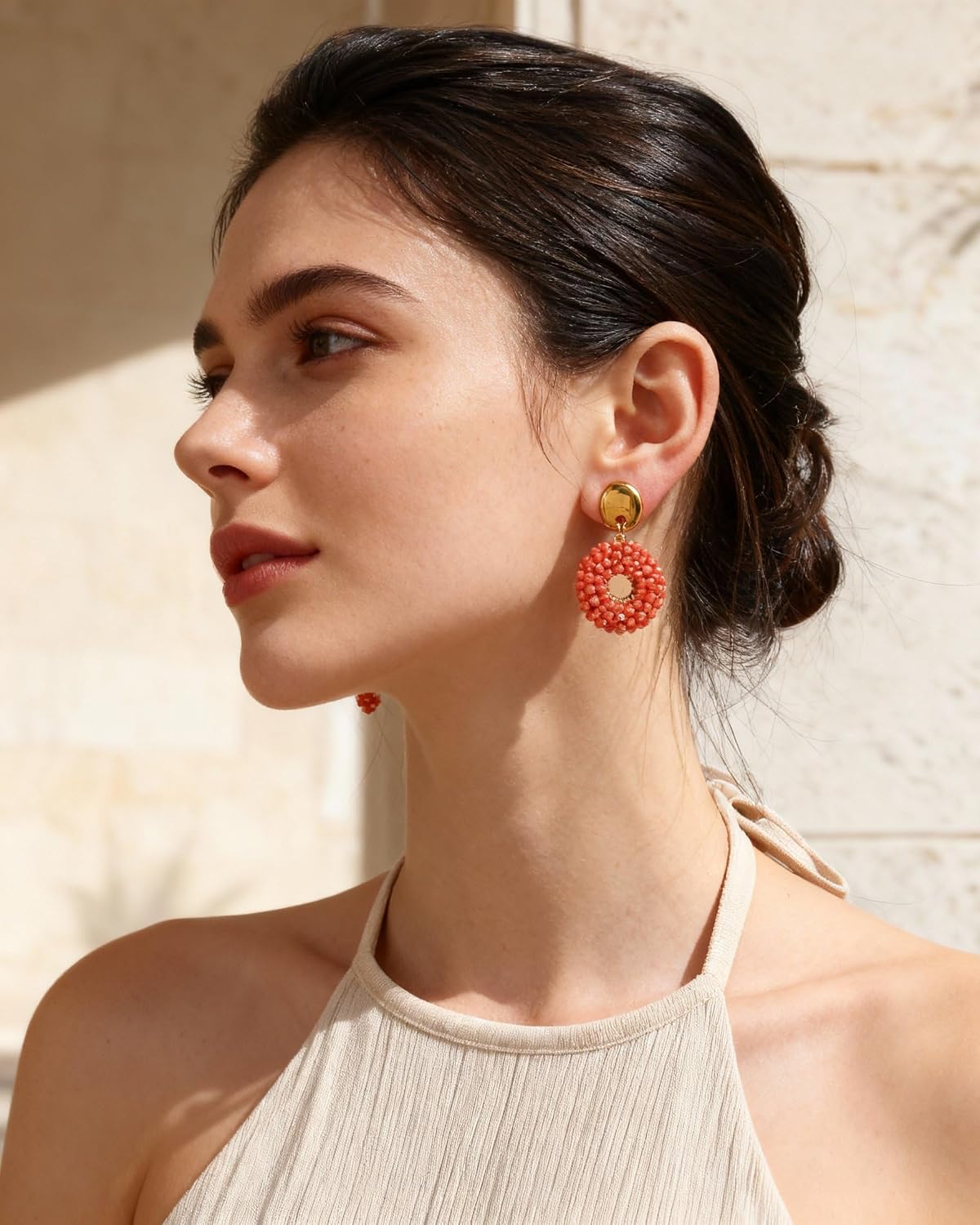 Detalle de Boho Kristall Perlen Ohrringe – Leichte runde Statement-Ohrringe in Gold