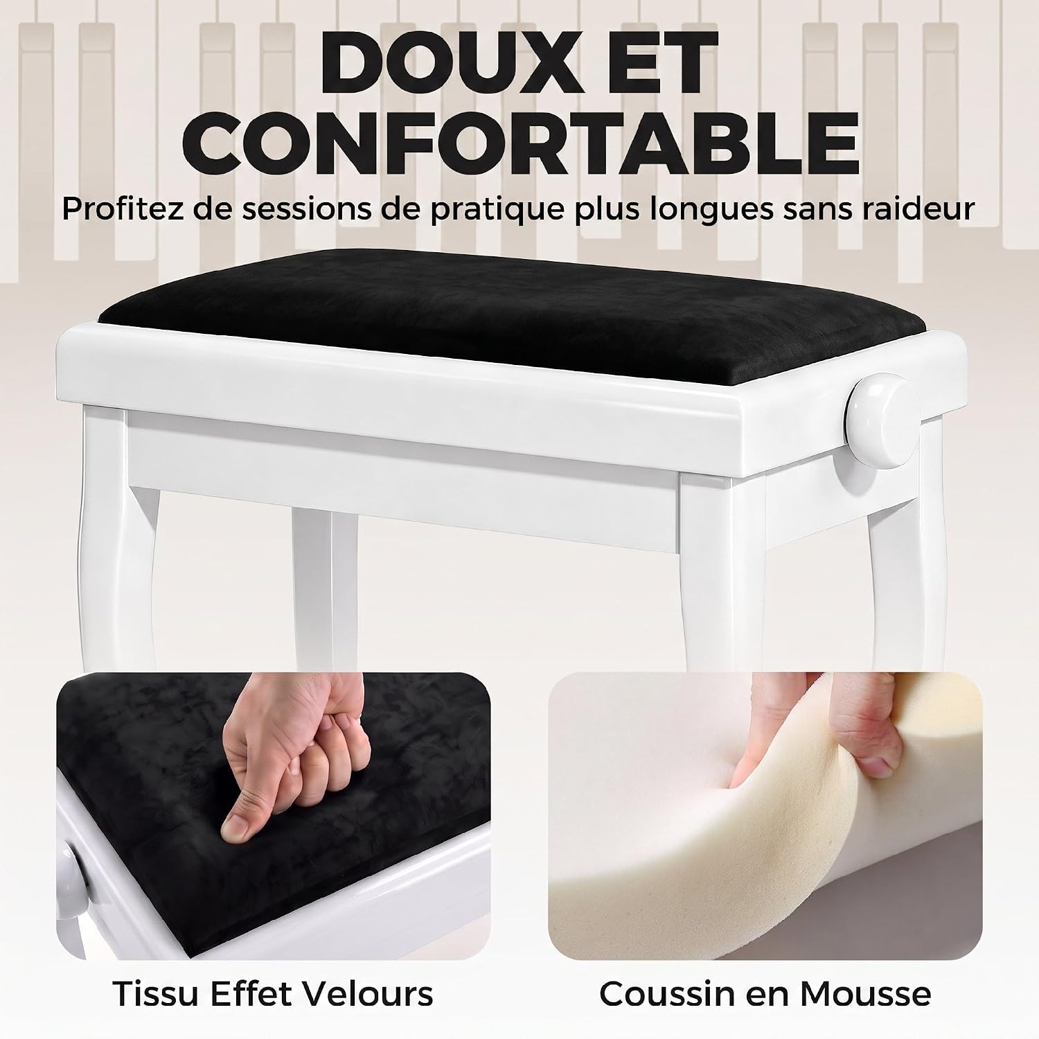 Detalle 2 de HOMCOM F12-022V00WT pianokruk, verstelbaar 45-56 cm, fluwelen zitting