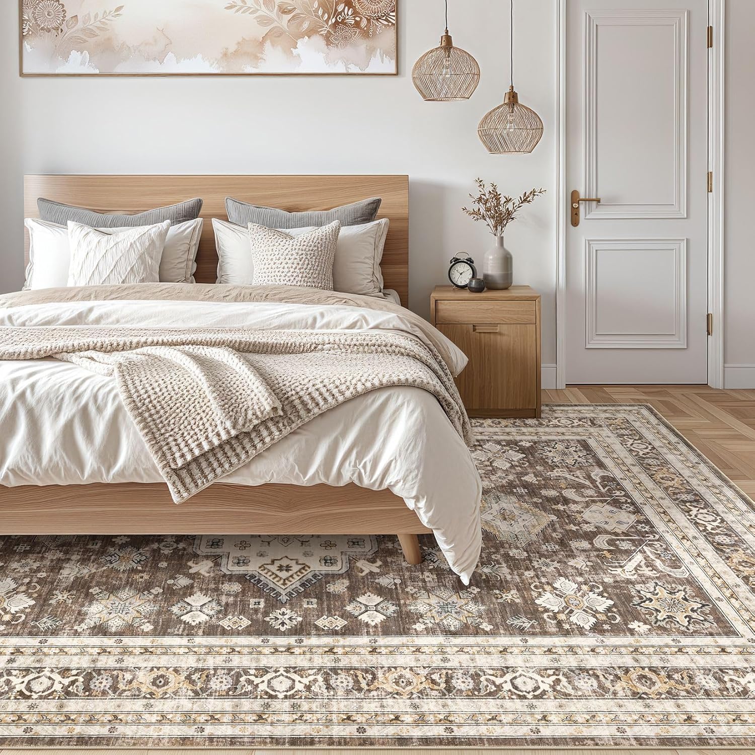 Thumbnail 3 de Vintage Living Room Area Rug 9x12 in Dark Brown (Traditional, Washable) for Bedroom, Office & More