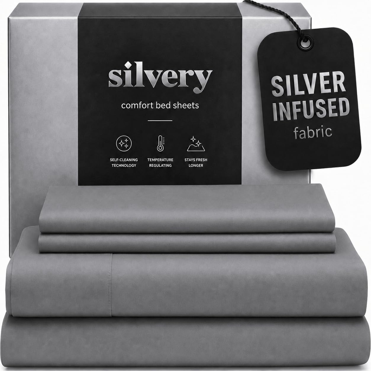 Detalle de Silvery Silver Infused Bed Sheets Set — Ultra-Soft, Temperature-Regulating with Self-C Cleaning Technology