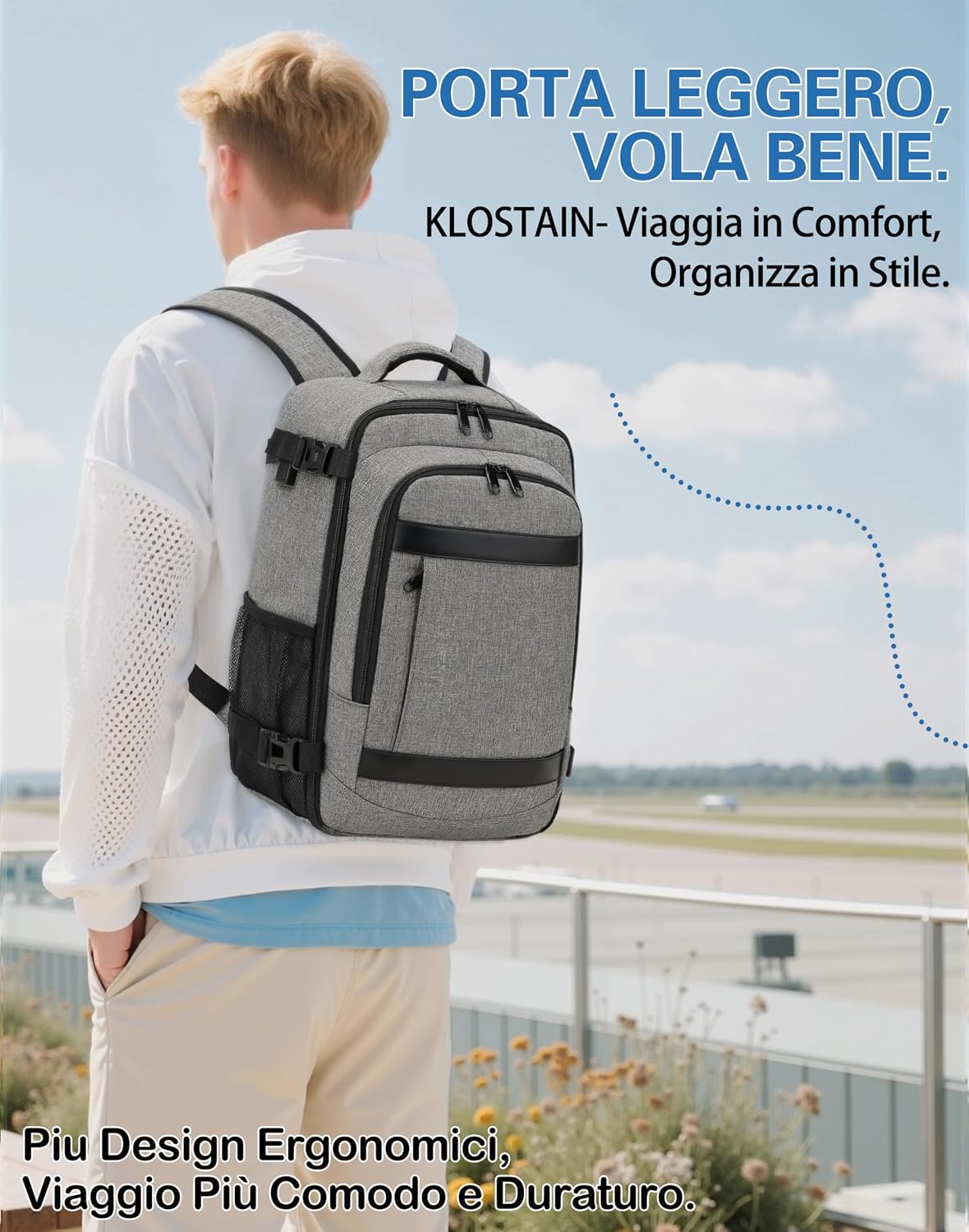 Detalle de KLOSTAIN Zaino Ryanair 40x30x20: Zaino da viaggio cabina 24L, Grigio Mélange Chiaro