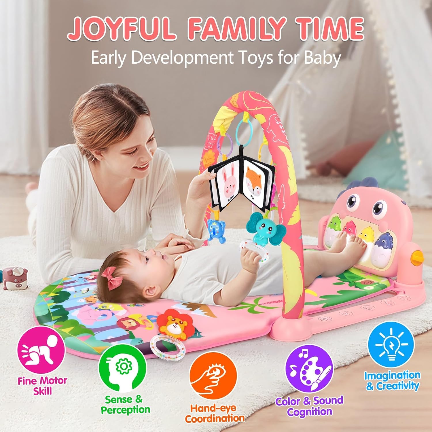 Detalle de UMIKU Baby Play Mat, Pink Dinosaur Activity Gym with Piano and High-Contrast Books