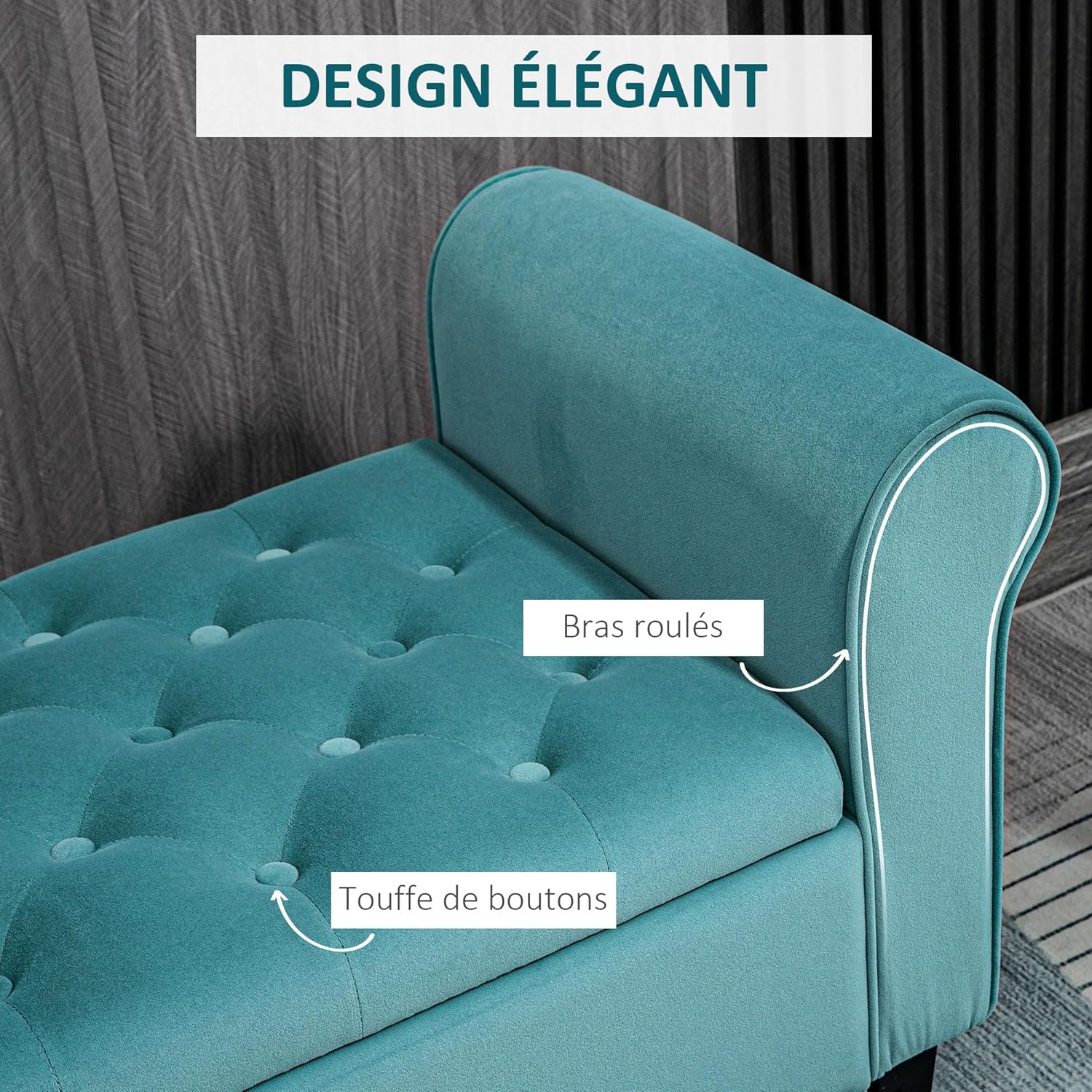 Thumbnail 5 de HOMCOM Banc de Rangement Bout de lit en velours vert avec accoudoirs et coffre – 126 x 48,5 x 57 cm