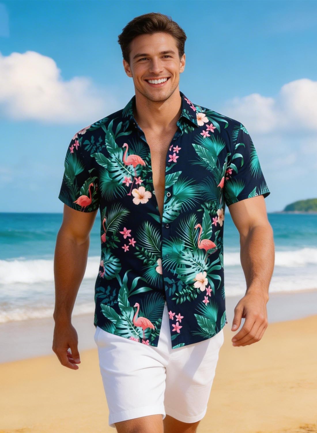 Detalle de XiaoMoSha Men's Hawaiian Shirt – Short Sleeve, Wrinkle-Free, Vibrant Floral Tee for Holidays