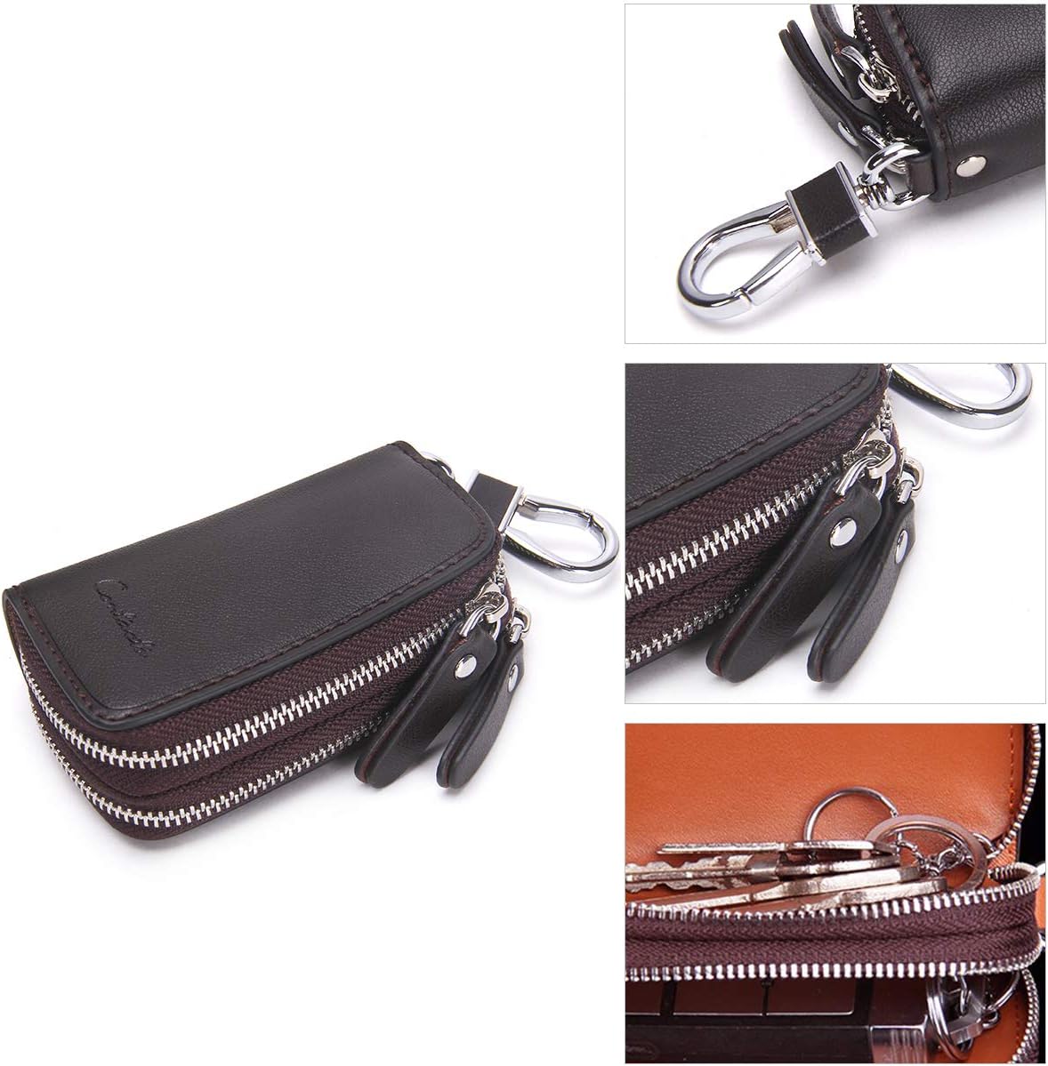 Thumbnail 4 de Contacts Genuine Leather Double Zipper Car Key Case Holder (Coffee)