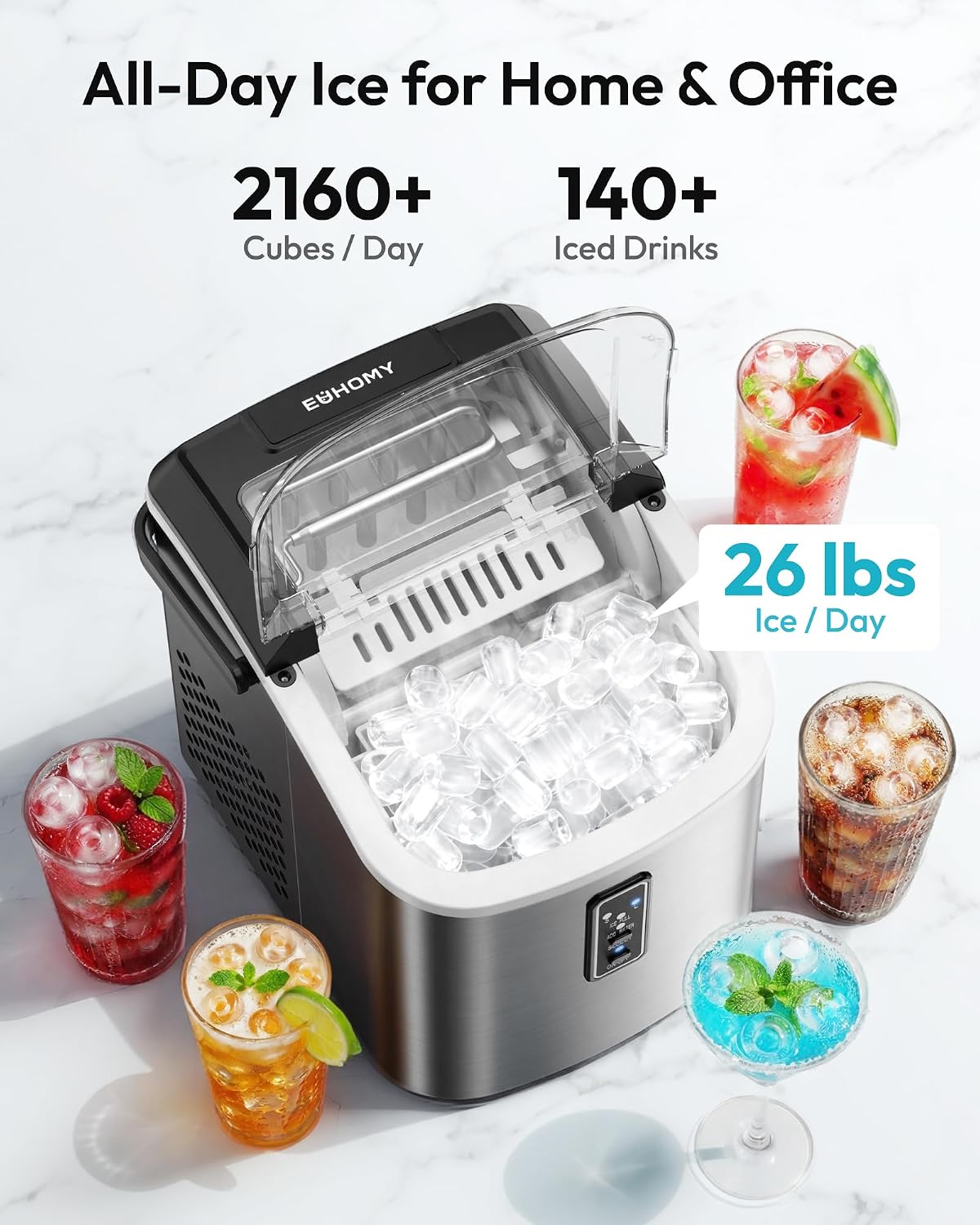 Detalle de EUHOMY IM008-B Countertop Ice Maker, Two Bullet Ice Sizes, Self-Cleaning