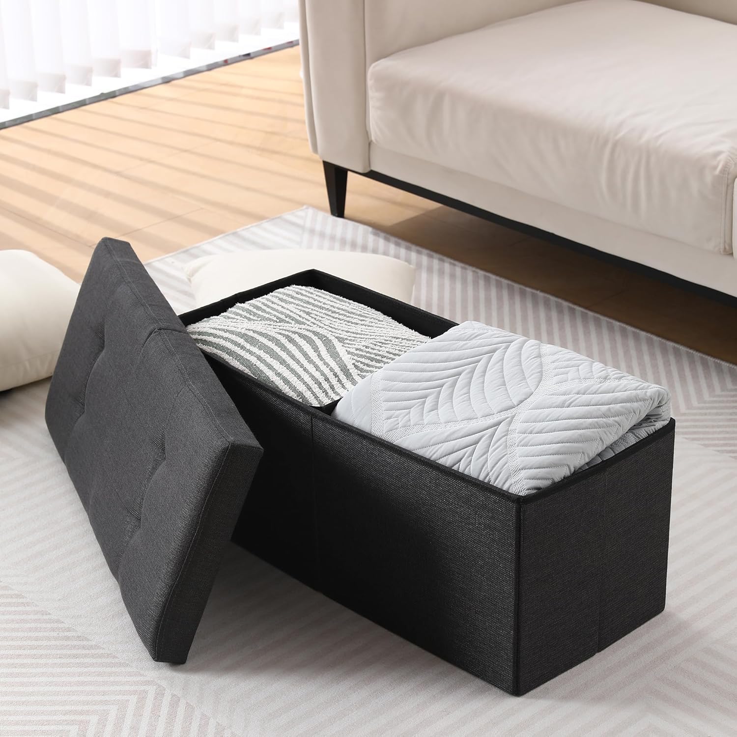 Thumbnail 5 de CUYOCA Storage Ottoman Bench: Foldable Seat, 75L Storage, Linen Sandy Beige
