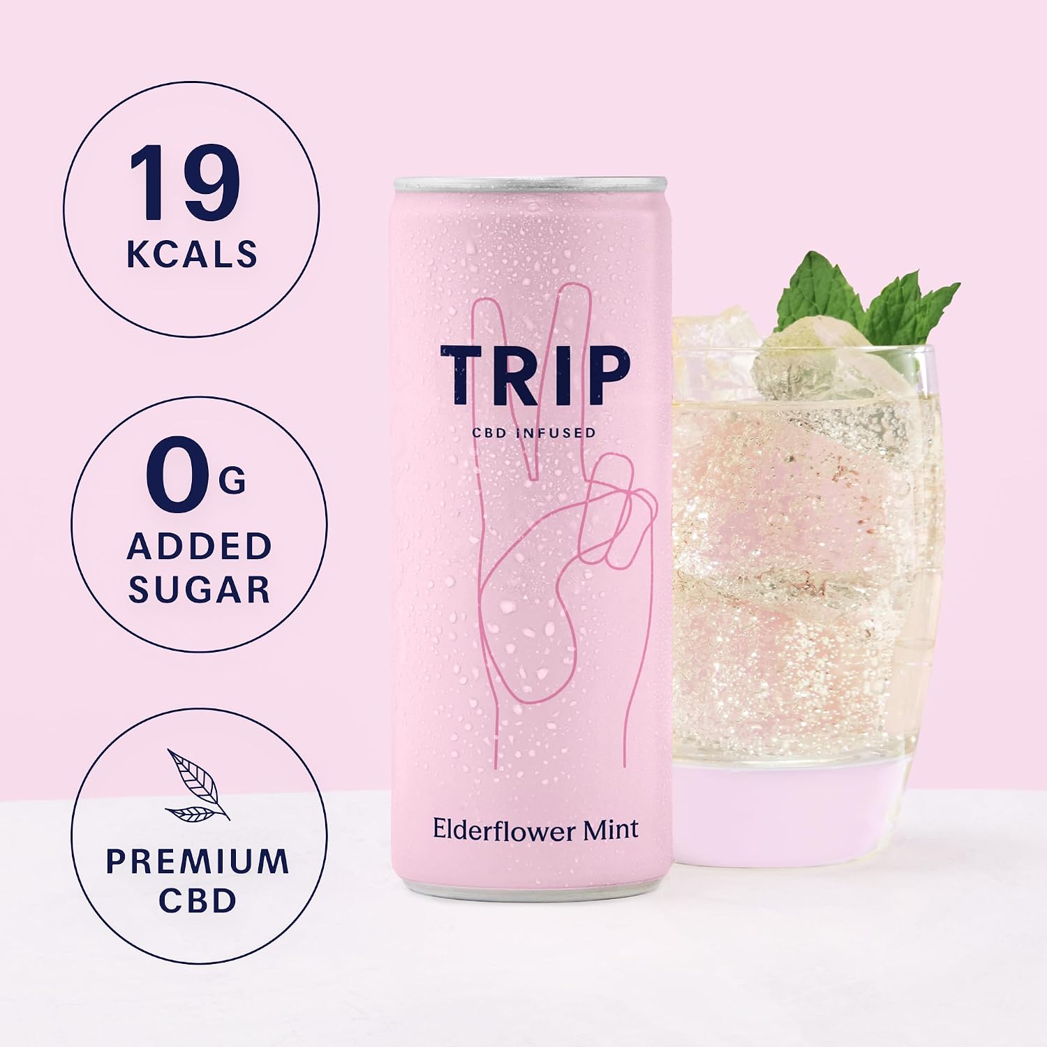 Detalle de TRIP Sparkling Drink, Elderflower Mint – Low Calorie, Vegan CBD Seltzer (12 pack)