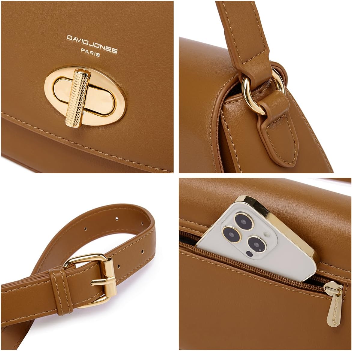 Thumbnail 3 de David Jones sac bandoulière femme en simili cuir PU marron cognac avec rabat et fermeture à tourniquet