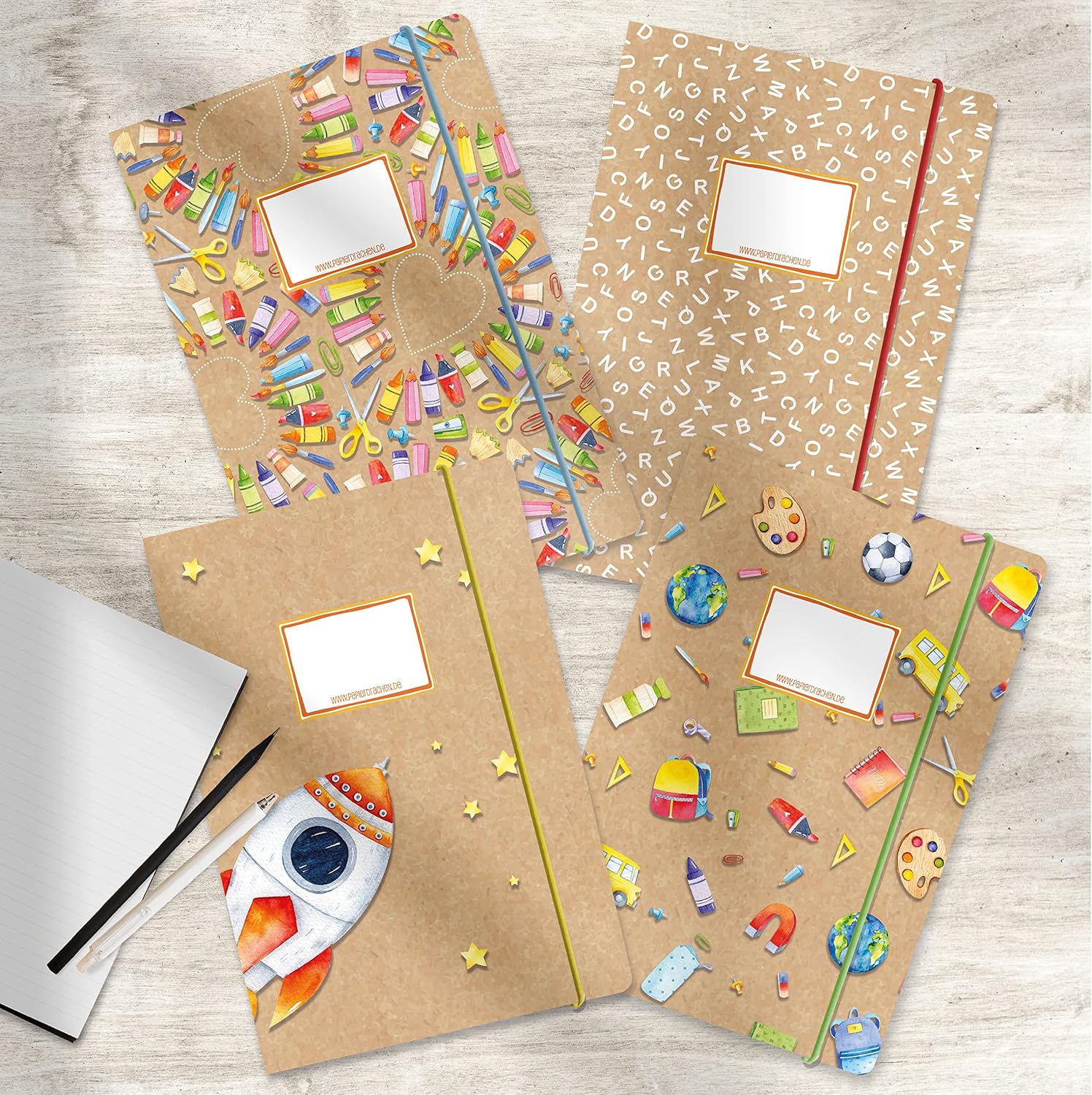 Thumbnail 6 de Papierdrachen Papierdrachen 4 Schulmappen aus plastikfreiem Karton (DIN A4, Gummiband) – Motiv Aquarell, Set 12