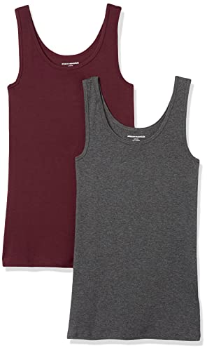Detalle de Amazon Essentials 2-pack Tank da donna: canotte a coste in cotone modal, Burgundy/Charcoal Heather, taglia Small