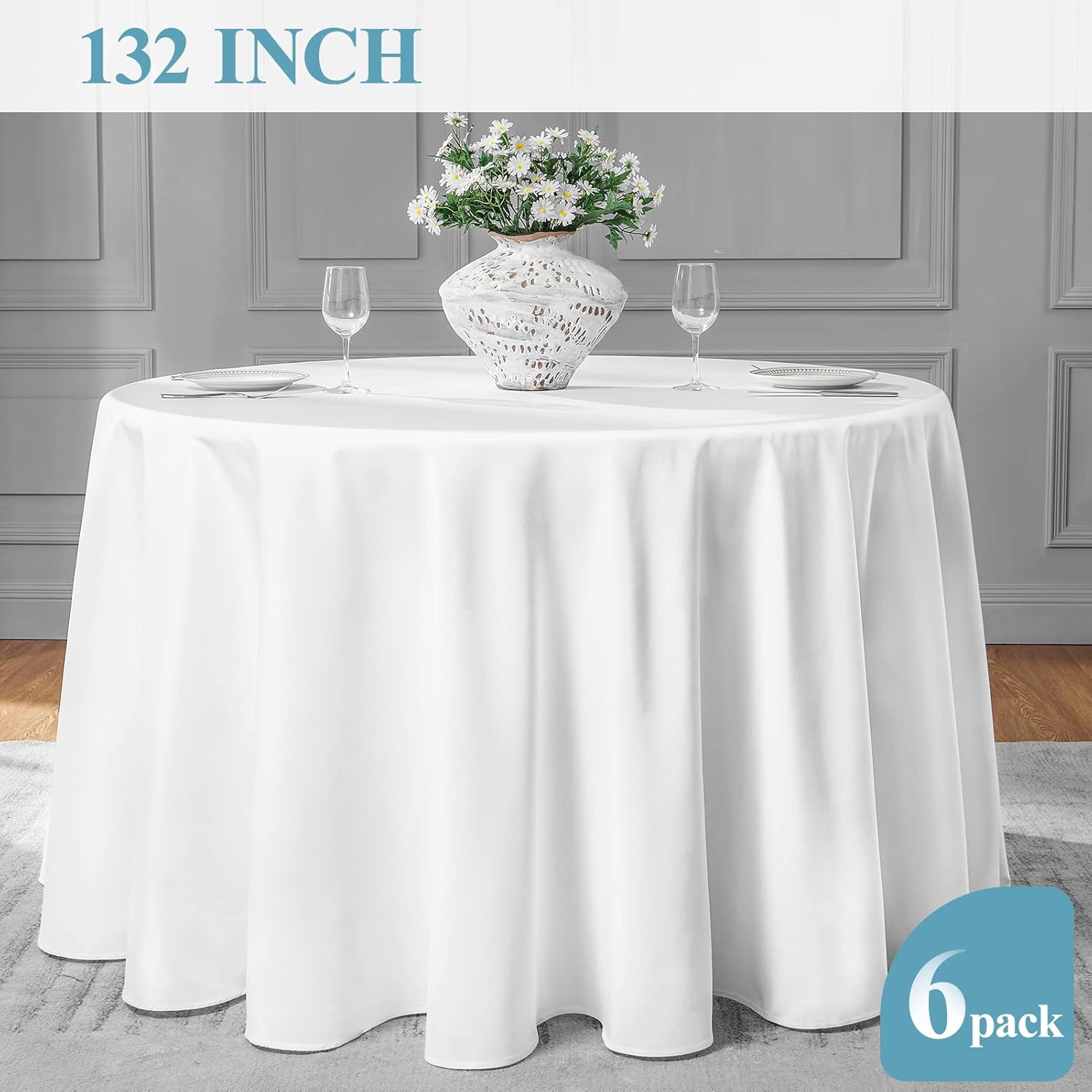 Detalle de VidaFete Round Tablecloth 132-inch (6-Pack) Polyester Table Cover, White