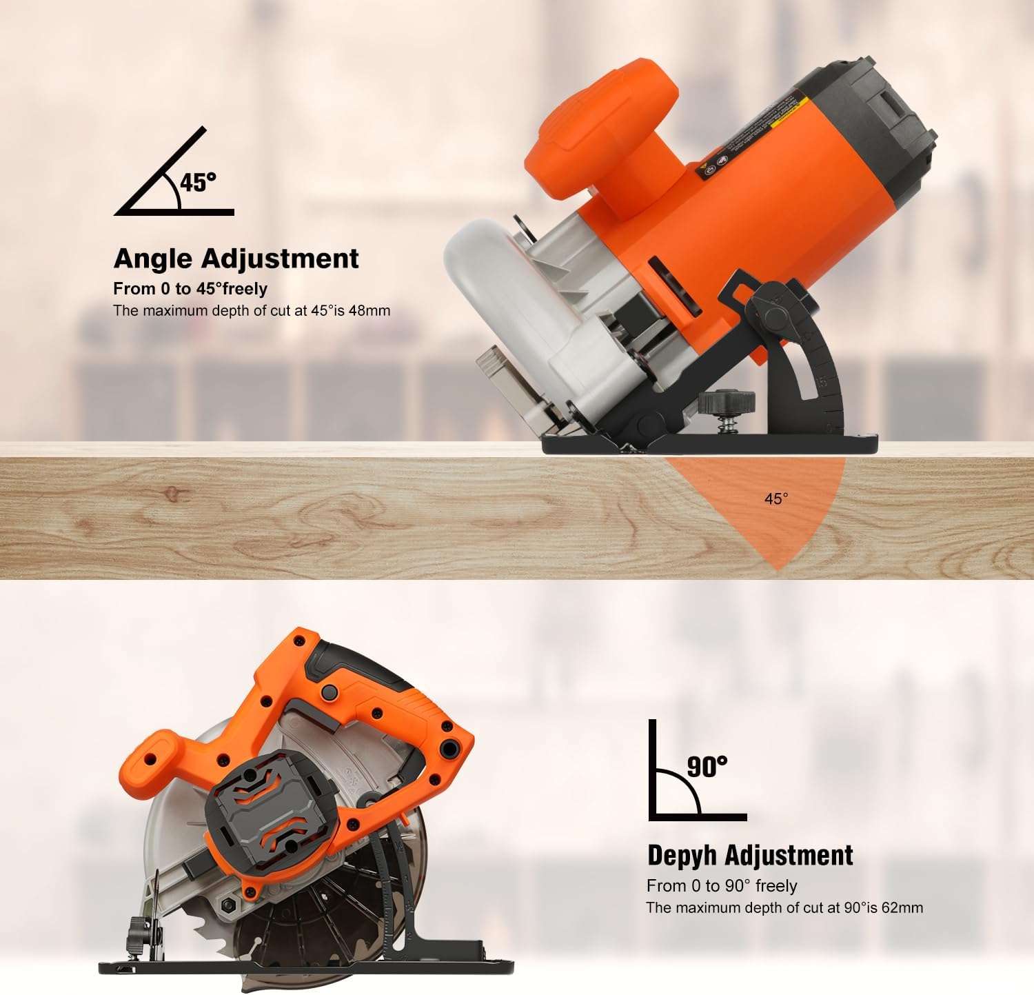 Detalle de Yunirvana 1400W High-Speed Circular Saw (6000 RPM) with 185mm Blade, Adjustable Depth & Angle