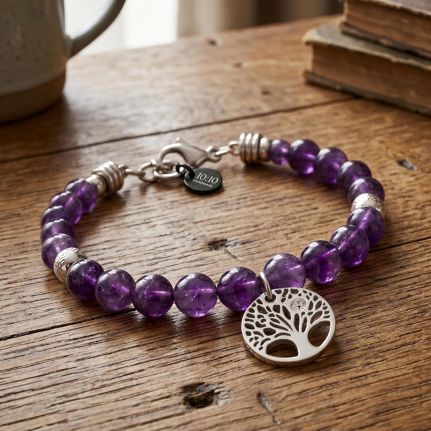 Detalle de Bracciale Donna 10:10 in Pietre Naturali 6mm con Albero della Vita e Zircone — Acciaio Inox Anallergico, Regolabile