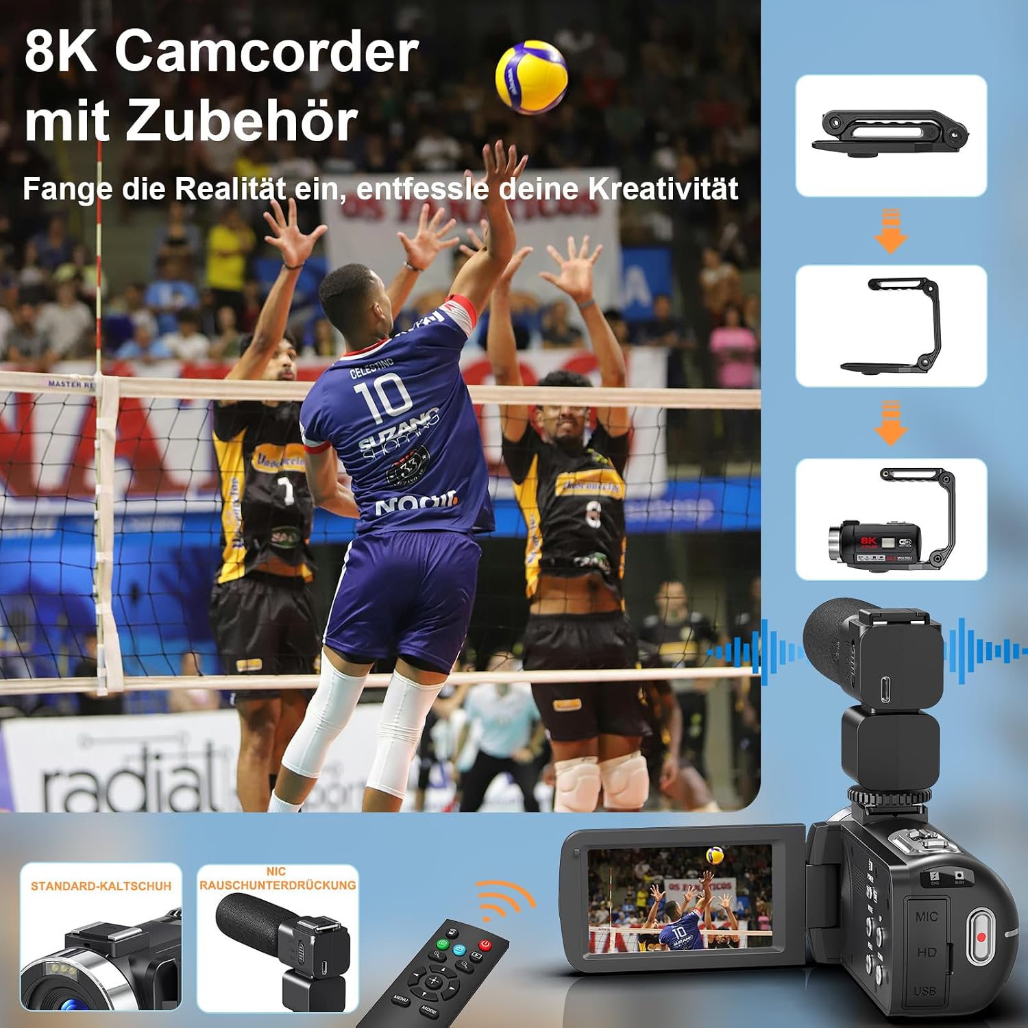 Detalle de Videokamera Camcorder 8K 64MP WiFi mit IR-Nachtsicht, 18x Zoom, Vlogging-Kamera – inkl. 64GB SD, 2 Akkus, Mikrofon & Fernbedienung