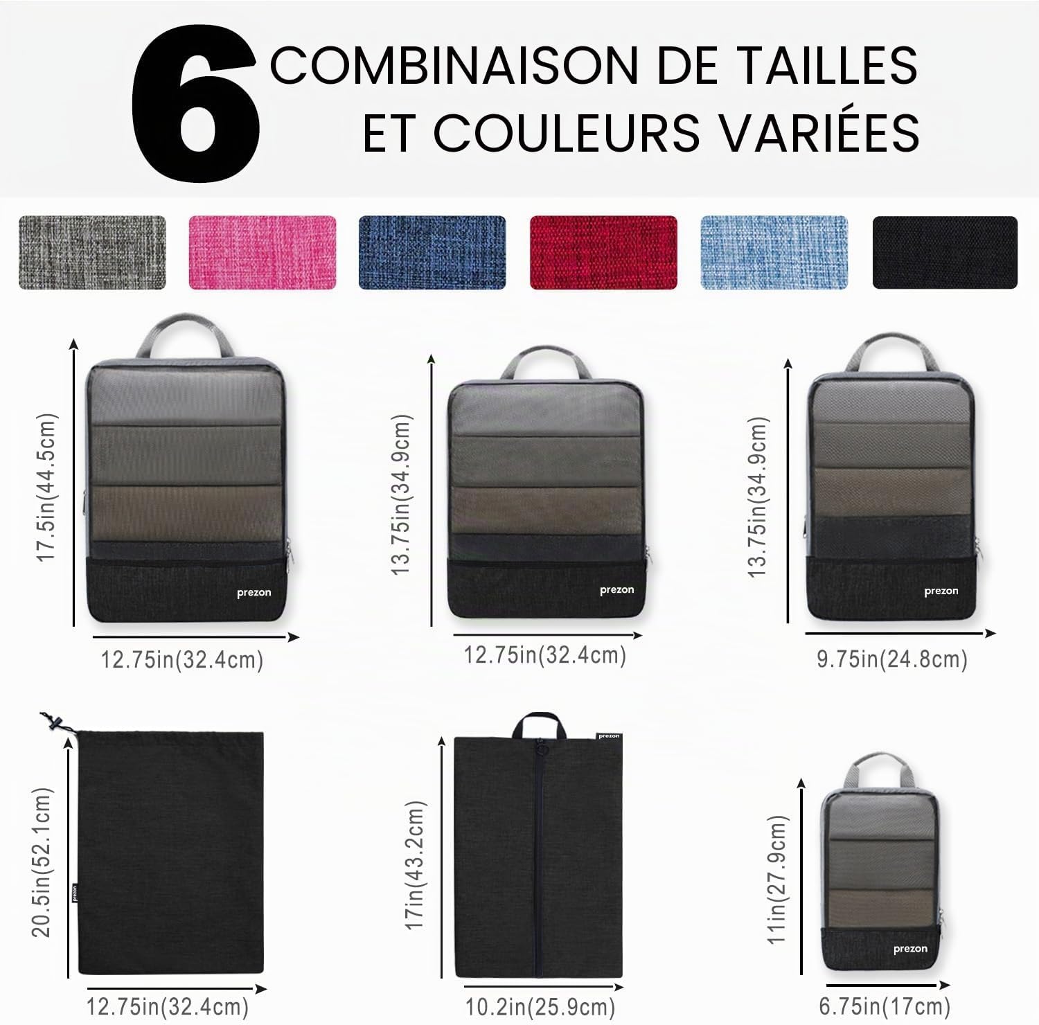 Thumbnail 3 de Prezon Lot de 6 cubes de rangement compressibles – Organisateurs extensibles pour valise, mesh TPU noir