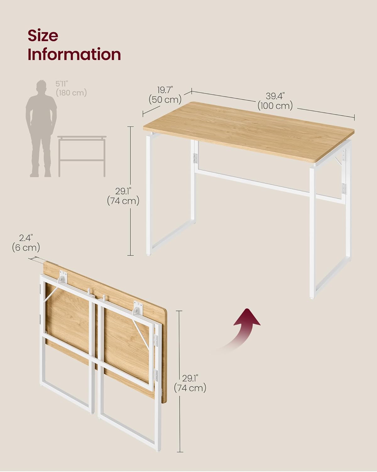 Thumbnail 1 de VASAGLE Folding Desk: Compact 100 x 50 cm, One-Piece Desktop with Rounded Edges