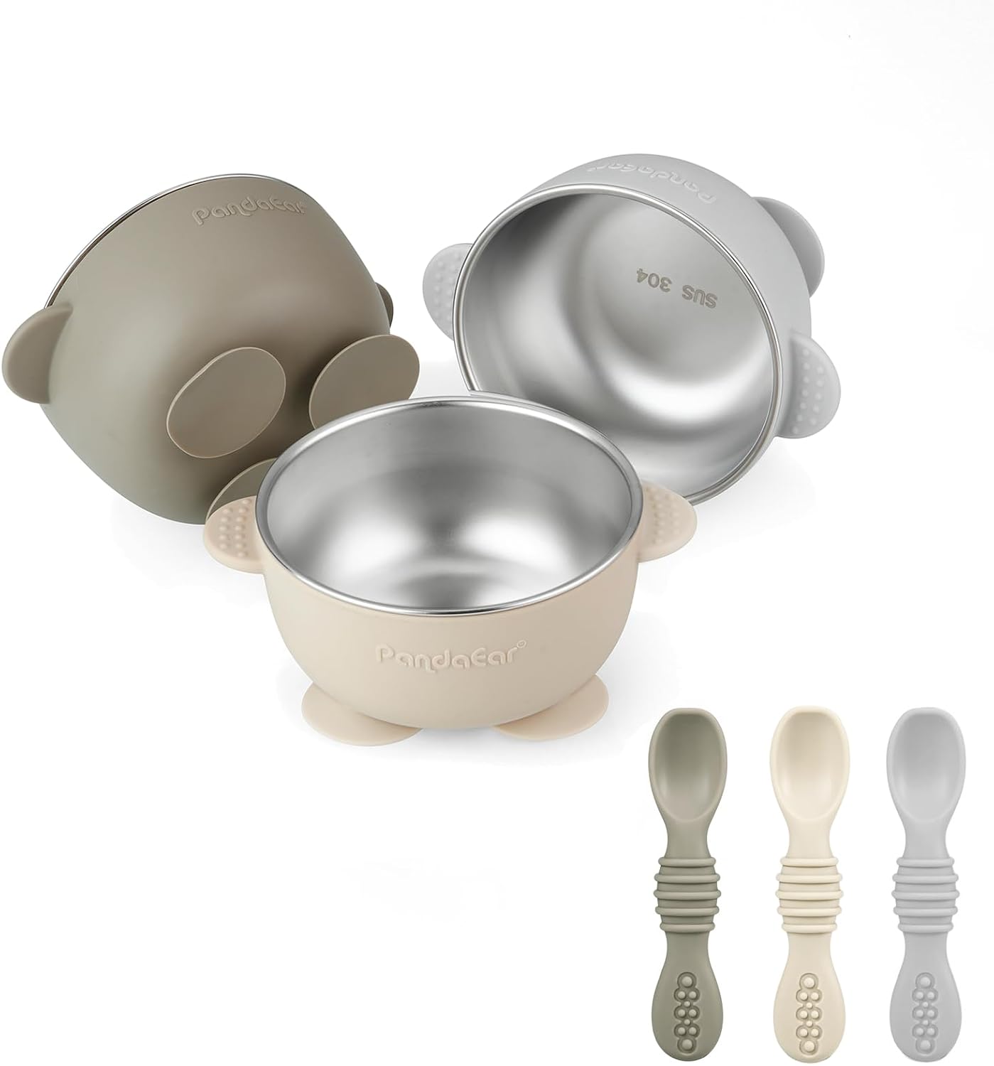 Detalle de PandaEar Baby Suction Bowls, set met 3 roestvrijstalen kommen en 3 siliconenlepels