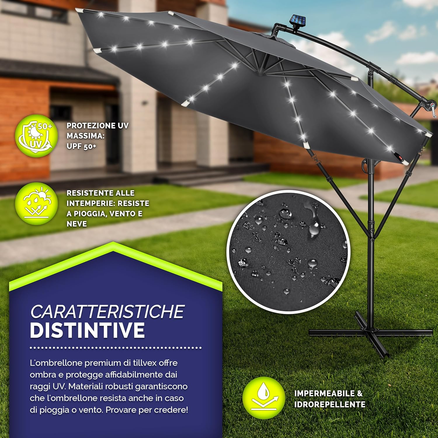 Thumbnail 1 de tillvex Ombrellone da giardino LED solare Ø300 cm con manovella e base