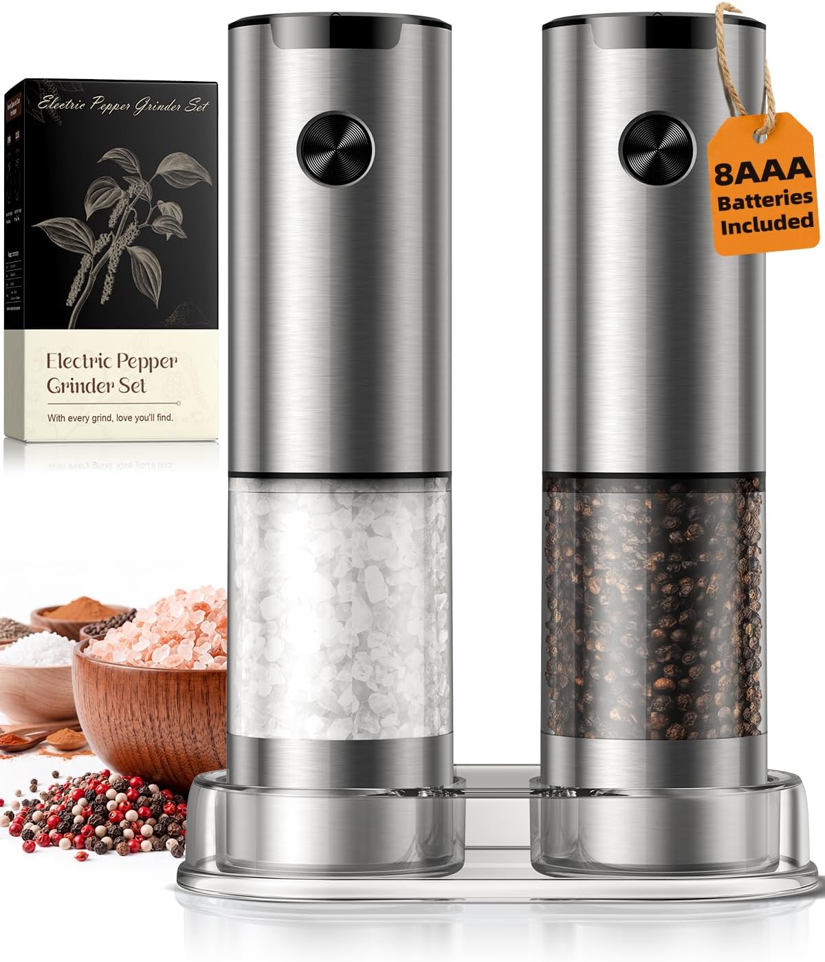 Detalle de ioion KYMQ-43B-H01-BS Electric Salt and Pepper Grinders with LED, 5 Settings