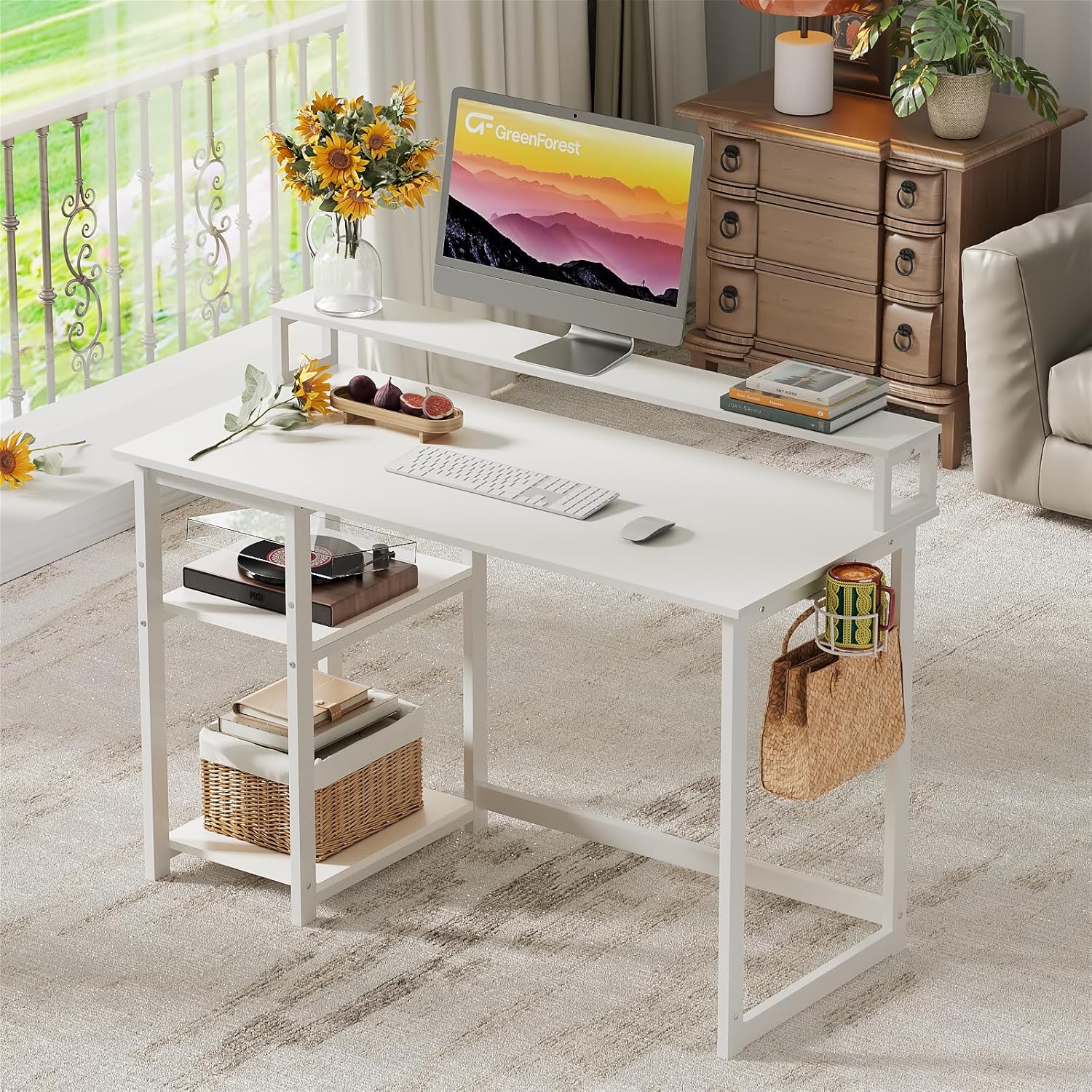 Thumbnail 1 de GreenForest computer desk with full monitor stand, 100 cm home office setup in full white