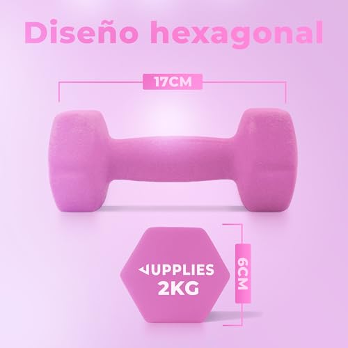 Thumbnail 2 de JUPPLIES Juego de Mancuernas de Neopreno Rosa 2 x 2 kg – Antideslizantes, diseño hexagonal y compacto