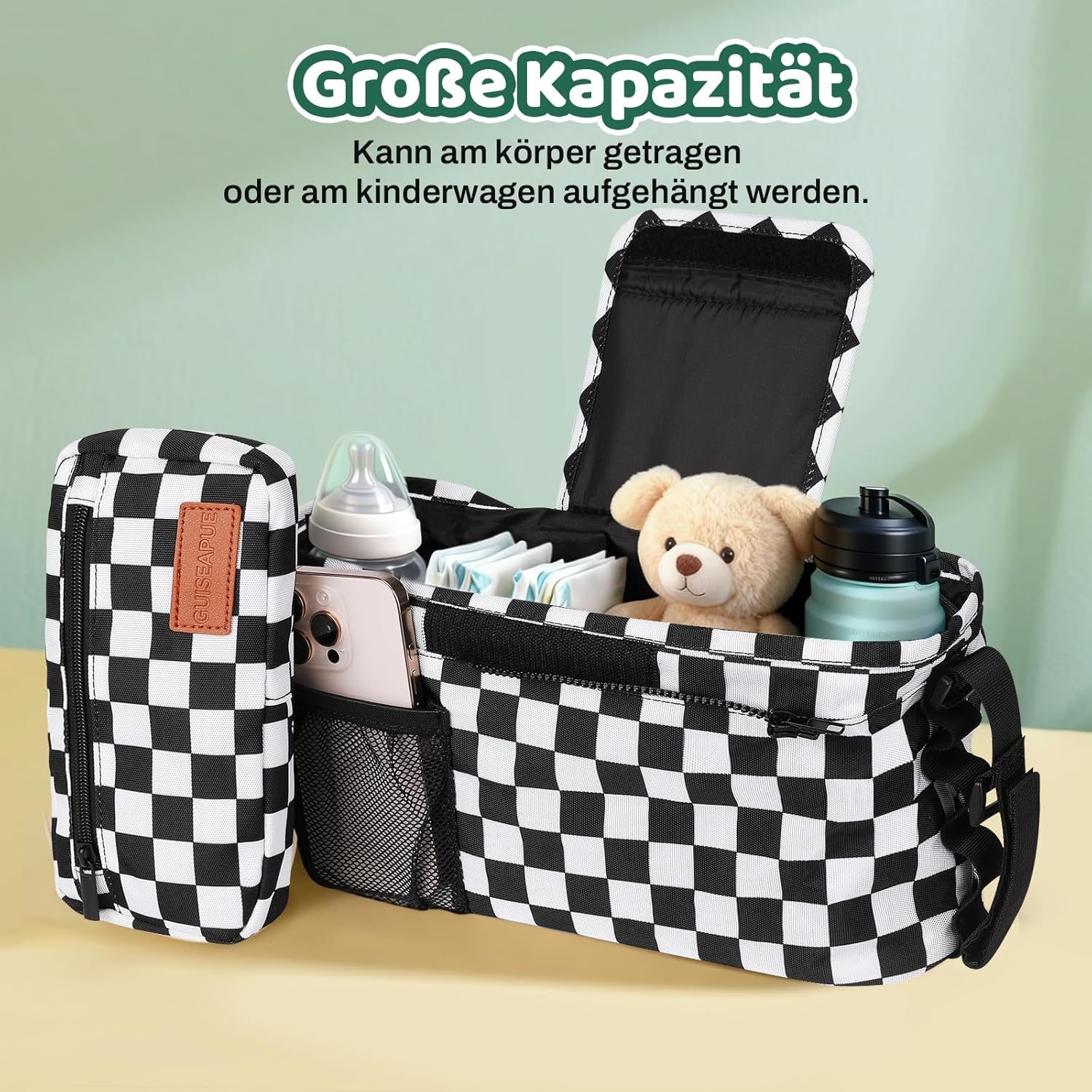 Detalle de Guiseapue Universal Kinderwagen-Organizer – Getränkehalter, Becherhalter und großzügige Aufbewahrung für unterwegs
