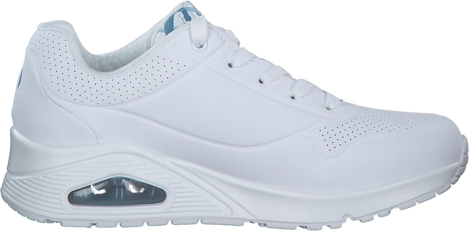 Detalle de Skechers Damen UNO Spread the Love Trainer – White Duraleather, Blue Heart Print Trim, Größe 39 EU