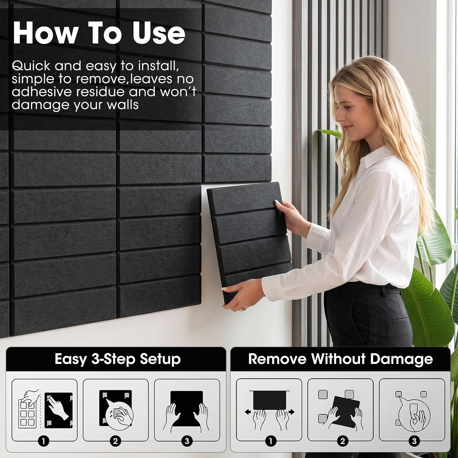 Thumbnail 6 de MQAAUP 12-Pack Felt Acoustic Wall Tiles, Black, 11.8-Inch Square