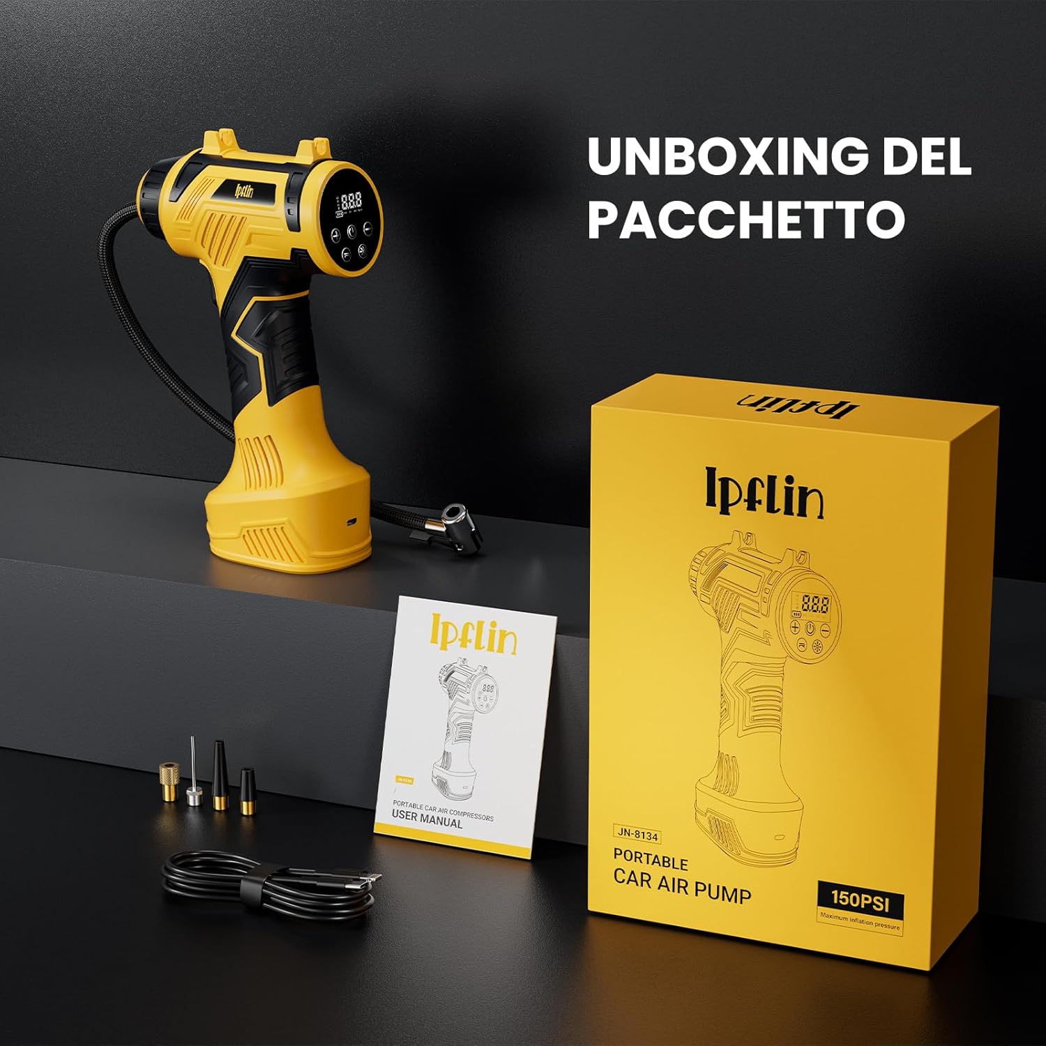 Thumbnail 5 de Ipflin Compressore Aria Portatile Senza Fili – 150 PSI, 22 L/min, Ricaricabile con Spegnimento Automatico
