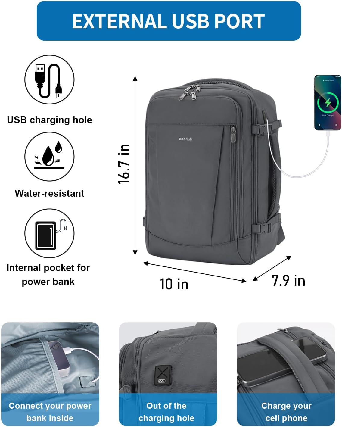 Thumbnail 2 de ECOHUB 17'' Travel Backpack: 25L Personal Item with USB Port, Flight Approved & Water Resistant