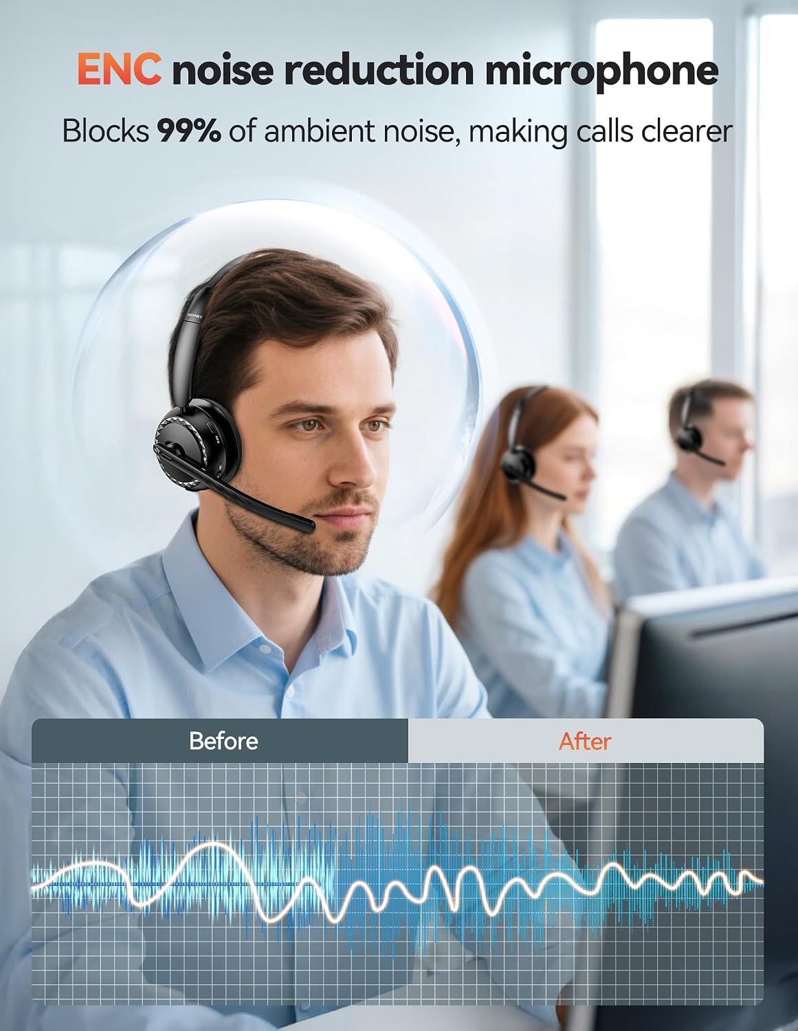 Detalle 2 de TECKNET TK-HS016 Bluetooth Headset with AI Noise-Cancelling Mic and Charging Stand