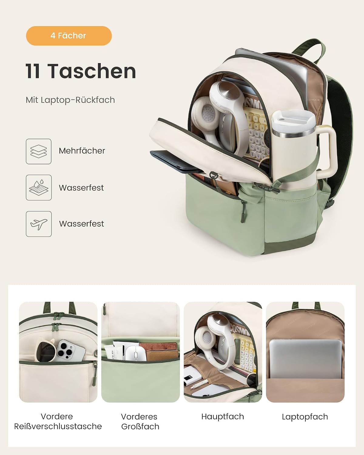 Detalle de LOVEVOOK Rucksack Damen 15,6 Zoll – Laptop-Tagesrucksack mit großzügigem Fach, Wasserflasche, TSA-Komfort und individuellem Stil