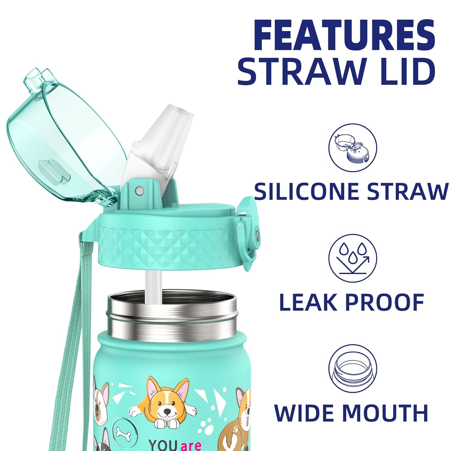 Detalle 2 de GOPPUS Kinder-Trinkflasche 420 ml aus Edelstahl mit Strohhalm und auslaufsicherem Deckel (BPA-frei)