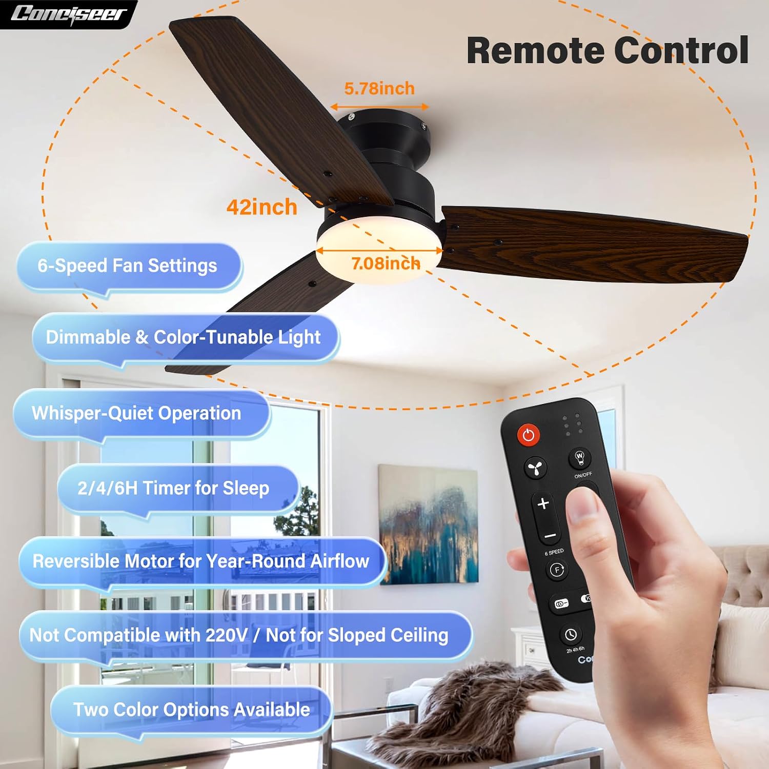 Detalle de Conciseer CS4203-MBK-WD 42-Inch Ceiling Fan with Light, Remote & Reversible DC Motor