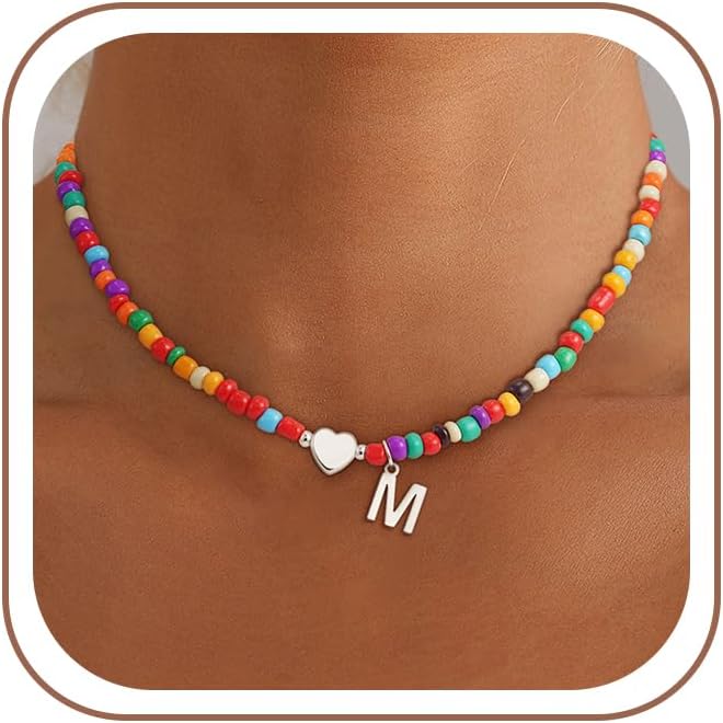 Detalle de SLOONG bunte Buchstaben-Perlenkette mit personalisiertem Initialen-Anhänger (Choker) für Mädchen & Damen
