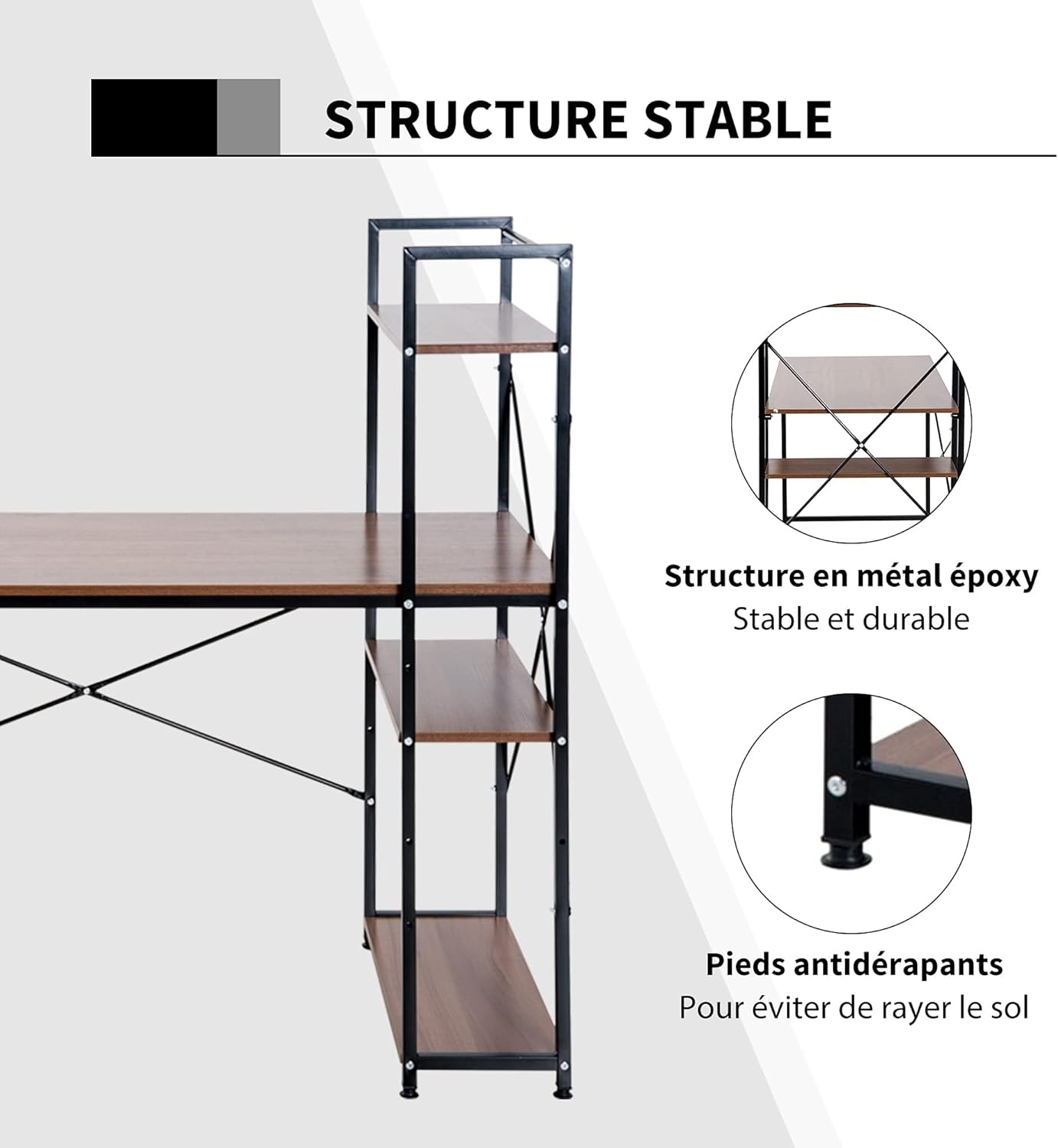 Thumbnail 6 de HOMCOM Bureau d’angle avec rangement industriel et bibliothèque 3 étagères, aspect noyer et métal noir
