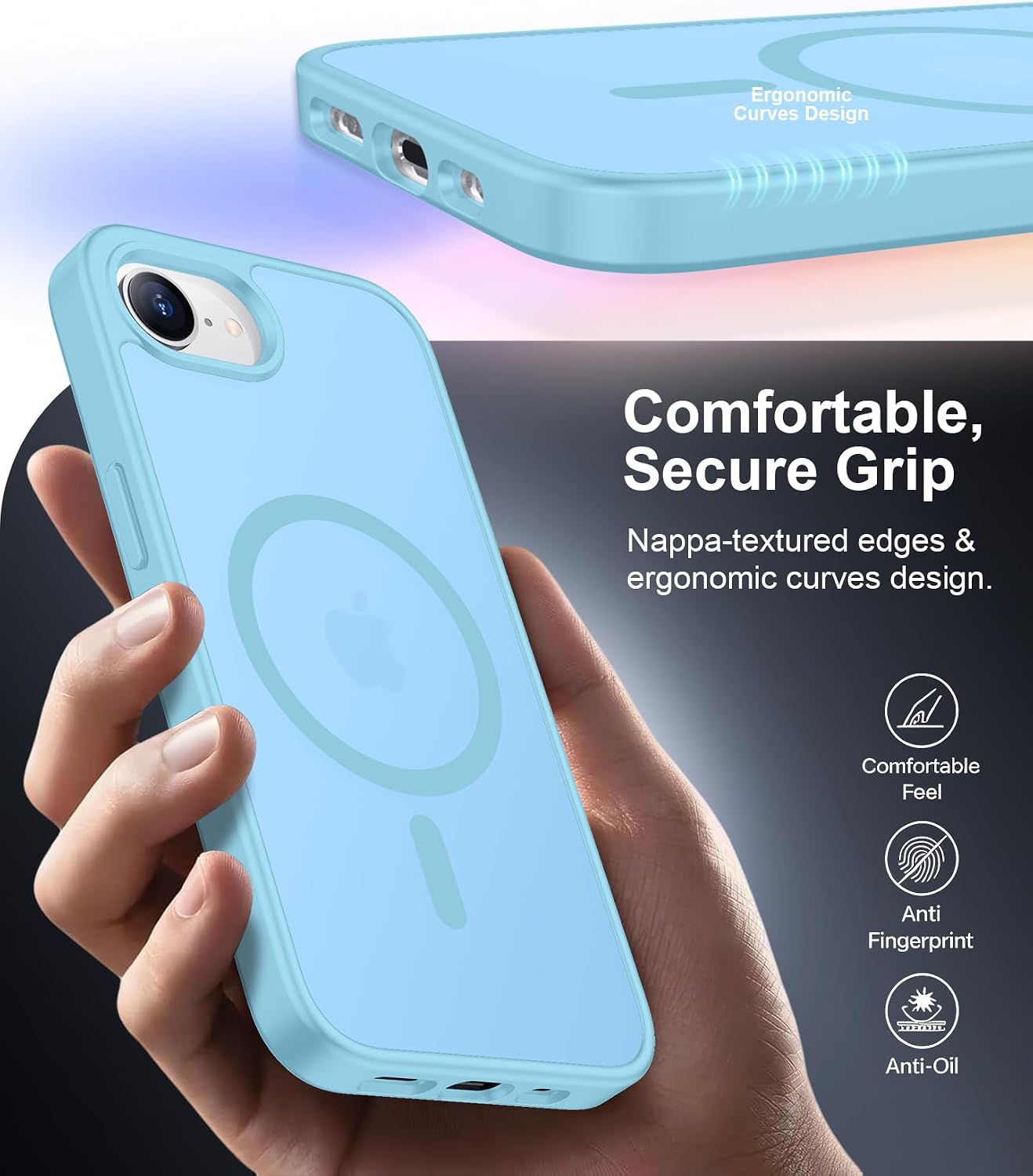 Detalle de SPIDERCASE for iPhone 16e/17e Case with Magnetic Translucent Matte Finish (Light Blue) — 2 tempered glass protectors