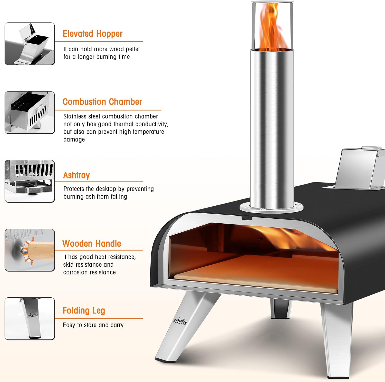 Detalle 2 de BIG HORN OUTDOORS Wood Pellet Pizza Oven 12” (Black) – Portable outdoor pizza grill