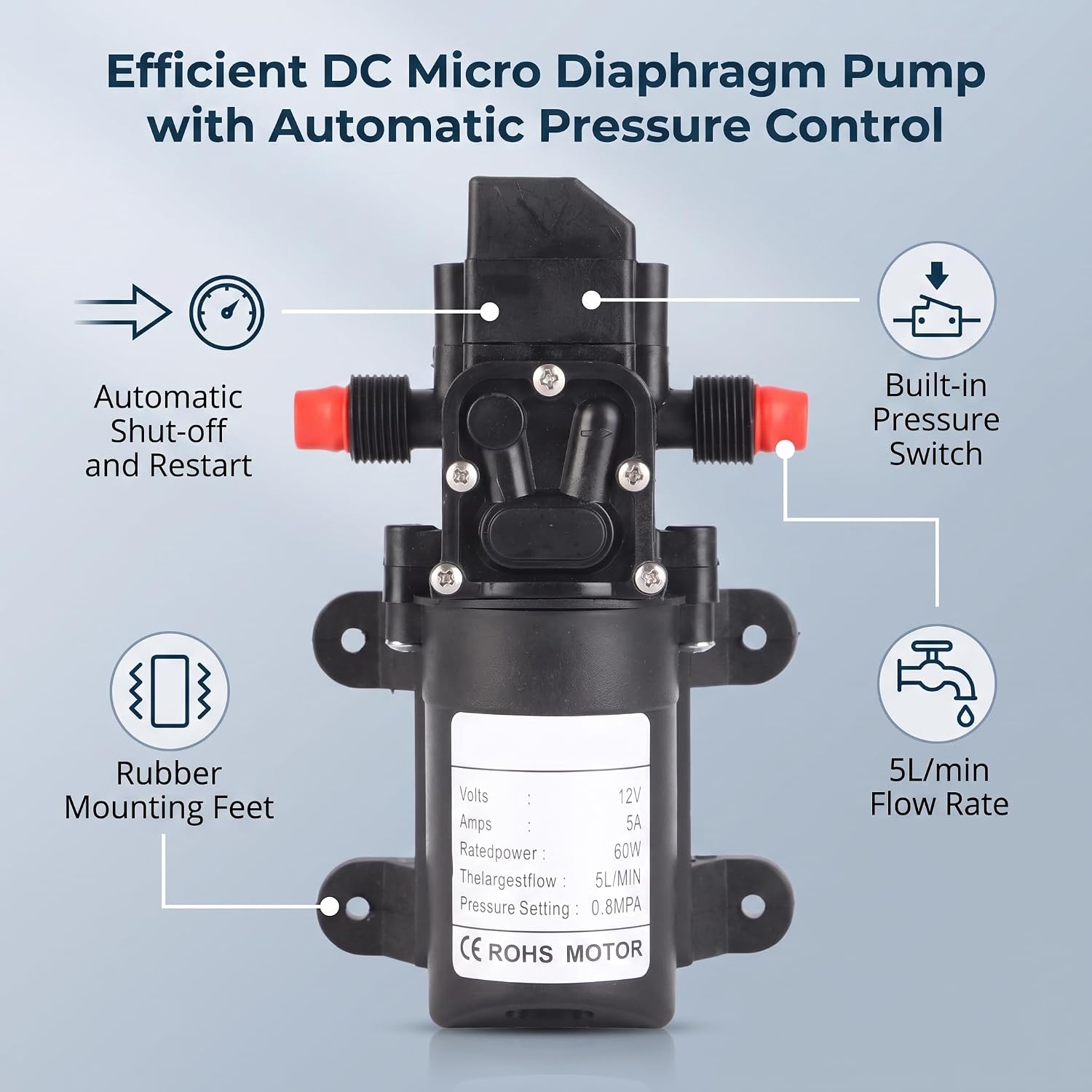 Detalle 2 de Greensen 12 V självsugande membranpump, 60 W, 5 l/min och tryckbrytare