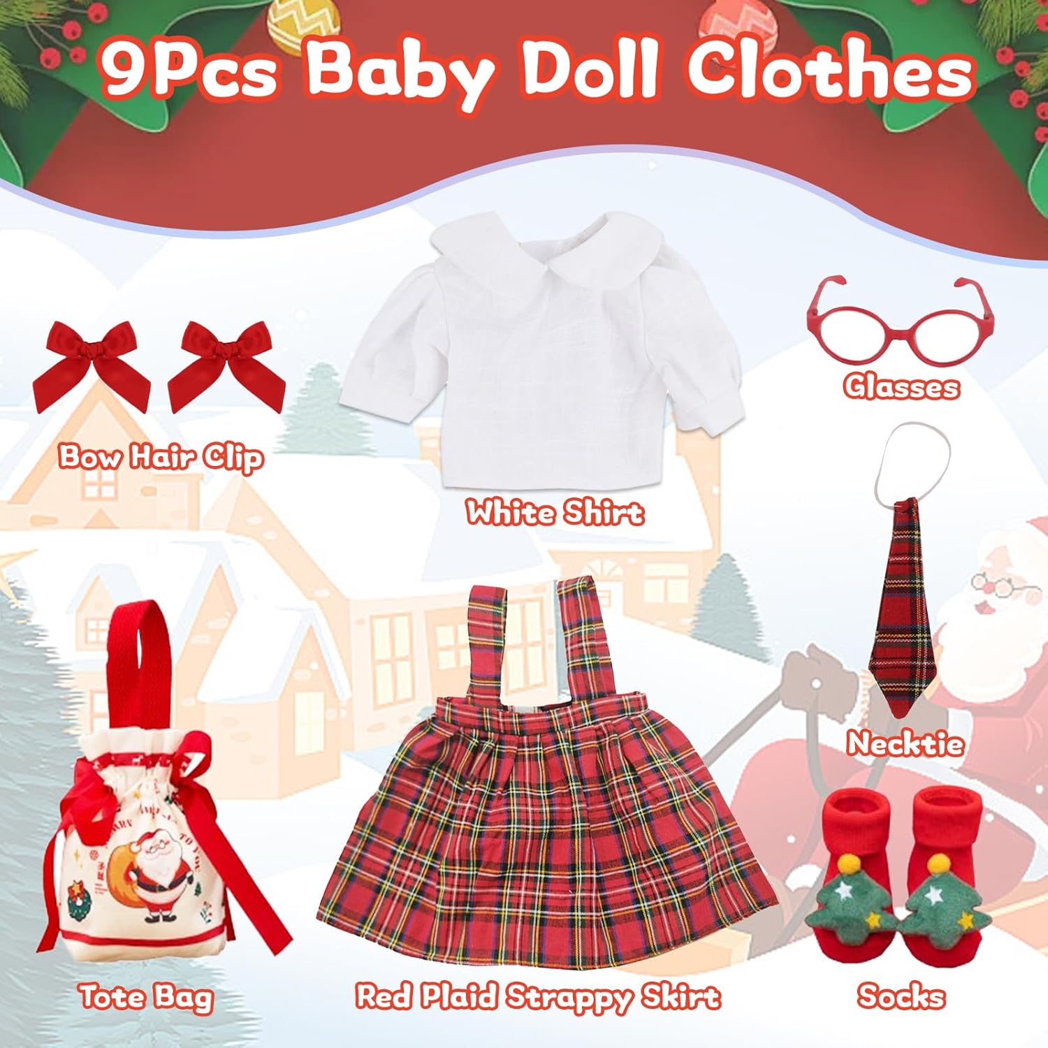 Detalle de Baby doll clothes set for 14–18 inch dolls (35–45cm) – 9-piece winter holiday outfits with red plaid dress, hair clips, glasses, stocking, and bag