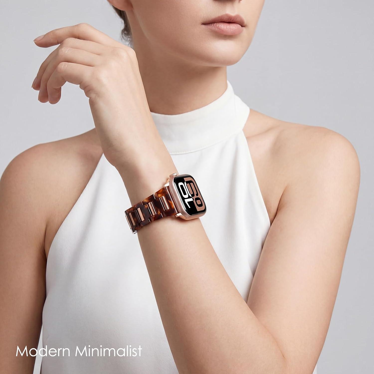 Detalle de V-MORO Resin Band for Apple Watch (42mm/41mm/40mm/38mm) — Rose Gold Inlay, Lightweight Hybrid Band