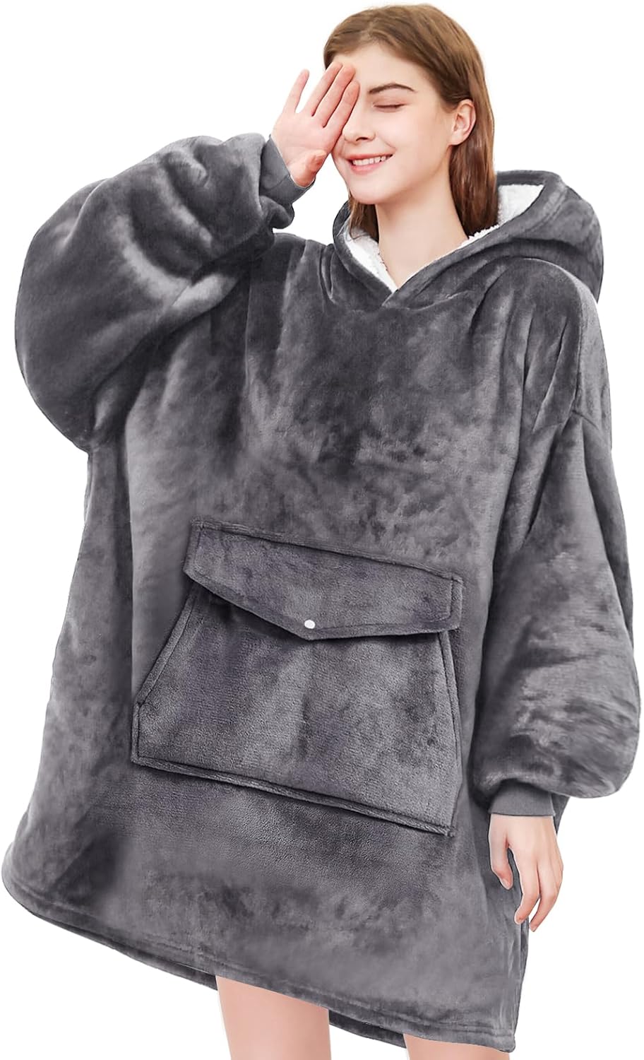 Detalle de YUGYVOB Oversized Blanket Hoodie, Sherpa Fleece, Giant Pocket, Dark Grey