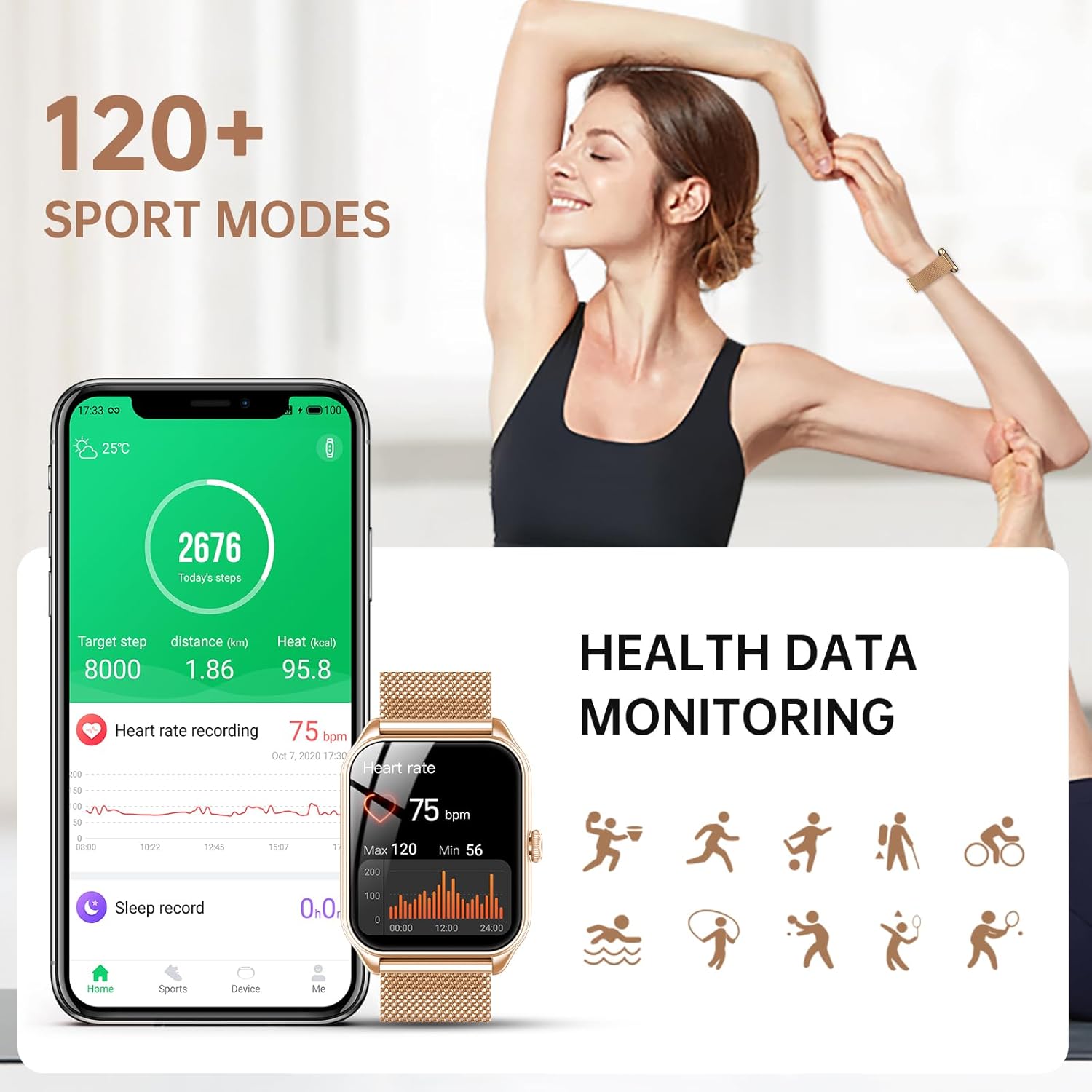 Thumbnail 2 de taopodo Smartwatch Damen mit Telefonfunktion (1,85" Touchscreen) Fitness Tracker in Roségold – IP68