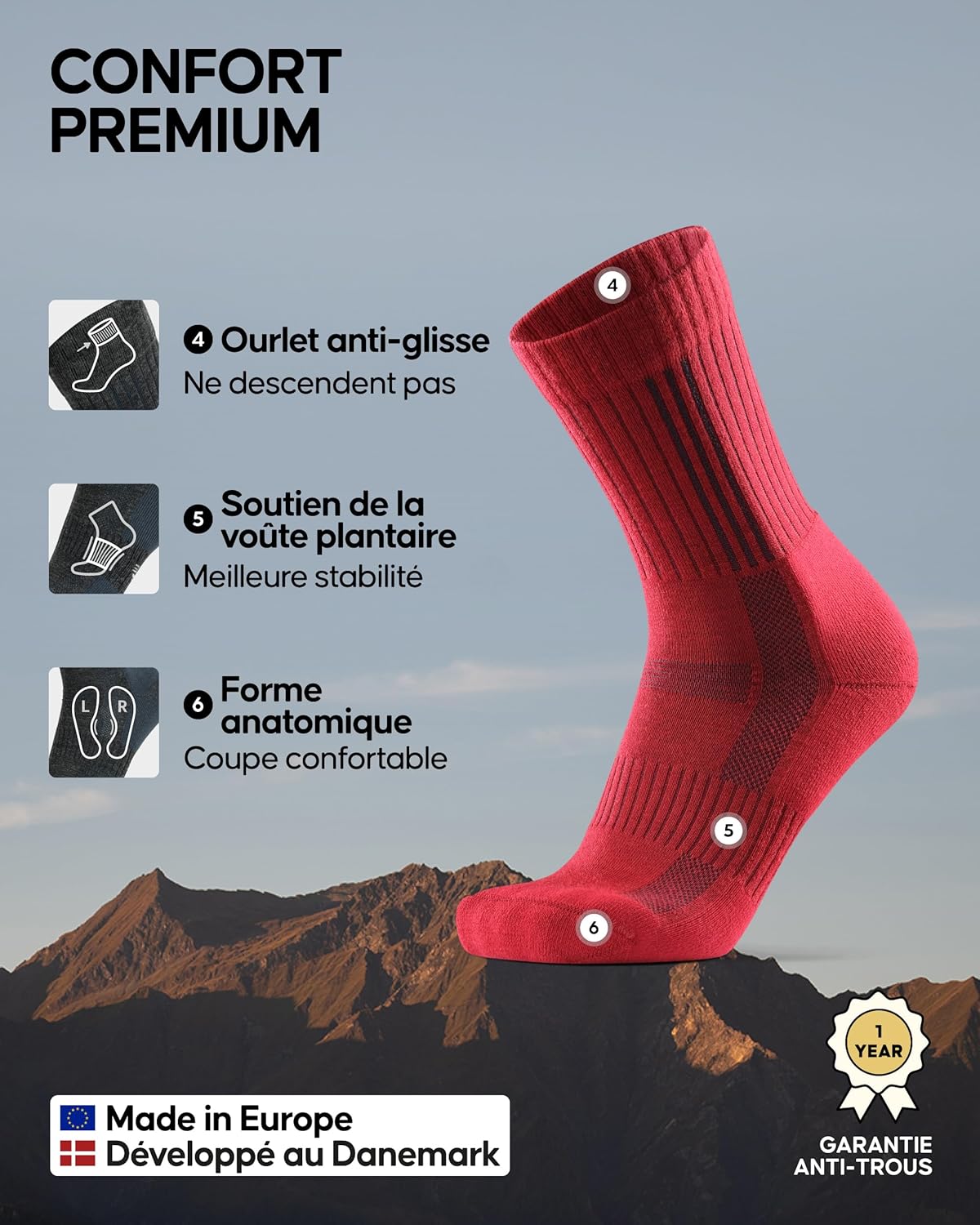 Thumbnail 2 de DANISH ENDURANCE Chaussettes de Randonnée en Laine Mérinos Premium – Lot de 2, Anti-Agujeros et Confort pour Hommes et Femmes