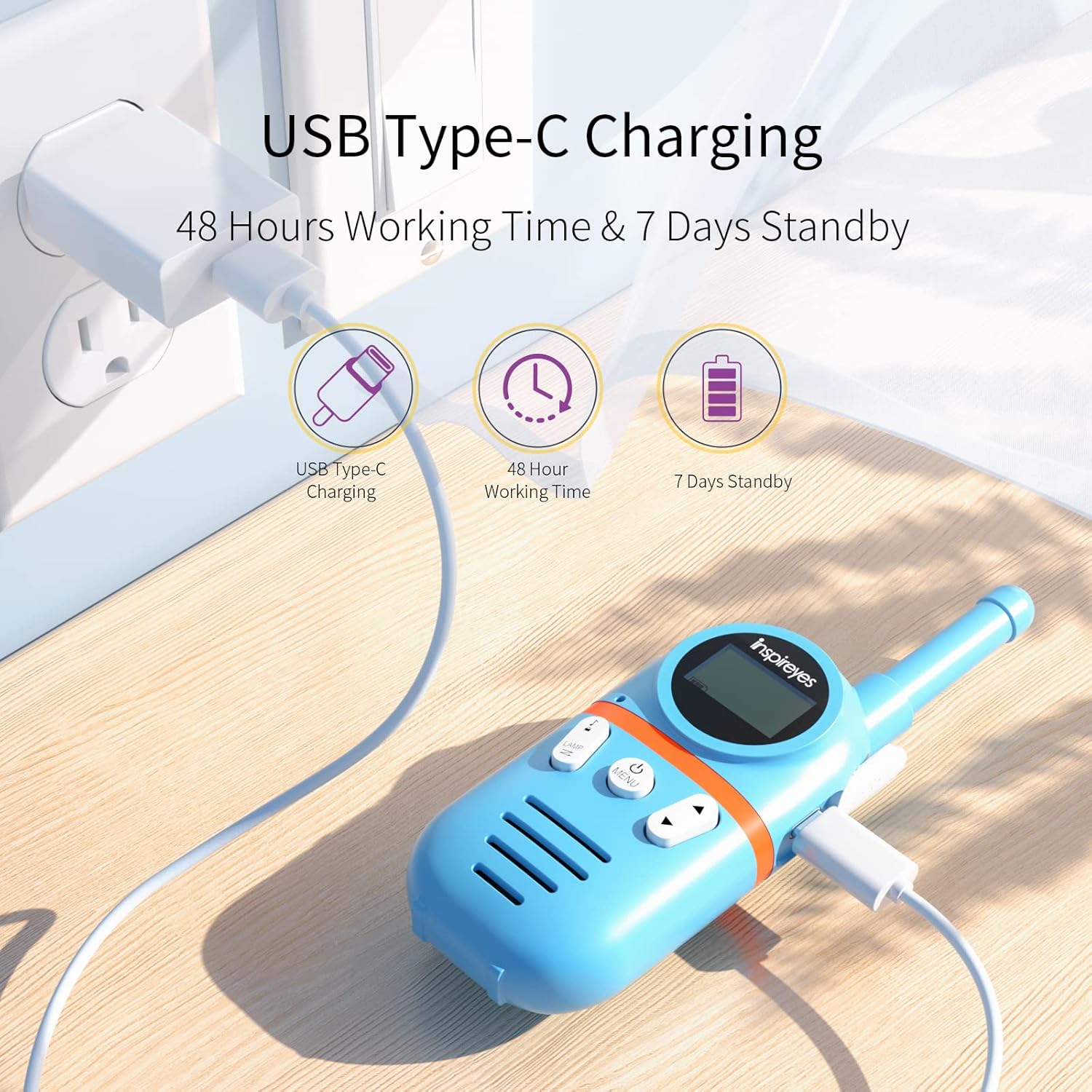 Detalle de Inspireyes Rechargeable Walkie Talkies for Kids (2-Pack) – Long-Range, 48-Hour Battery, Ages 3–12