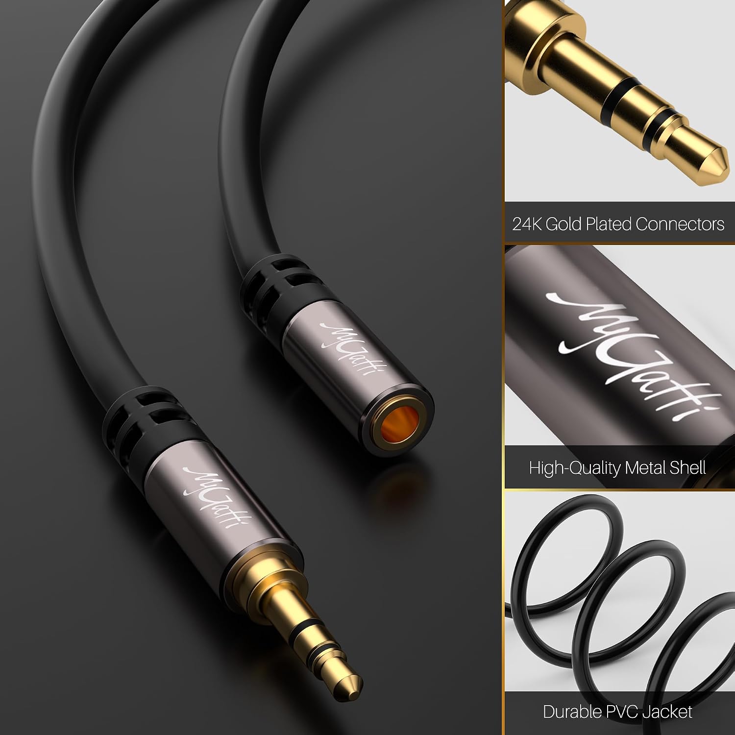 Detalle 2 de Mygatti 3,5-mm Klinkenkabel-Verlängerung (1,5 m, 2 Stück) – Stereo Stecker auf Buchse mit OFC-Kern, schwarz