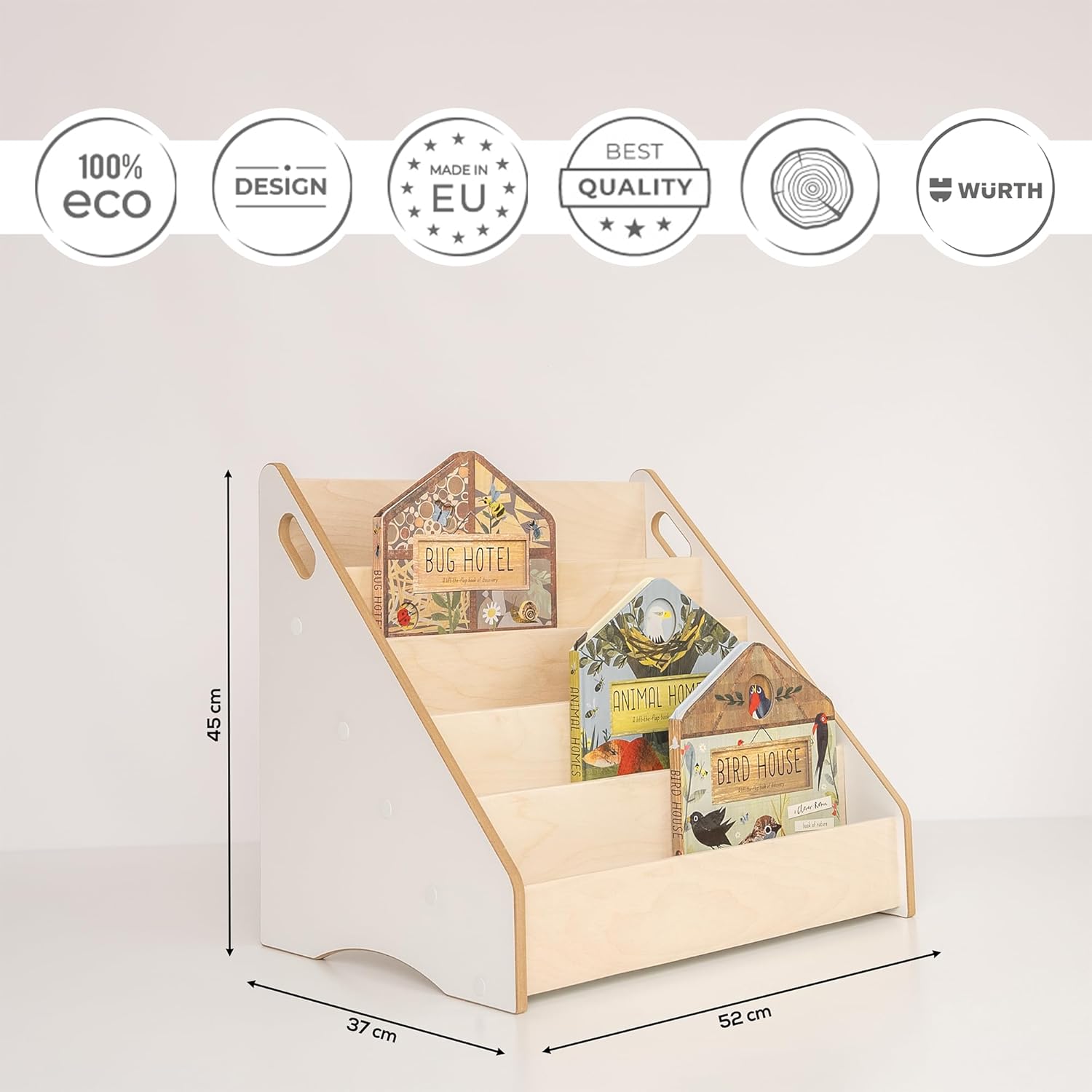 Detalle de MAMOI Bücherregal für Kinder – praktischer Aufbewahrungszauber im Montessori-Design