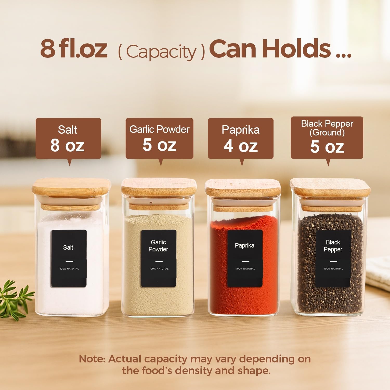 Detalle 2 de ComSaf 240 ml Square Glass Spice Jars with Bamboo Lids, 16 Pack