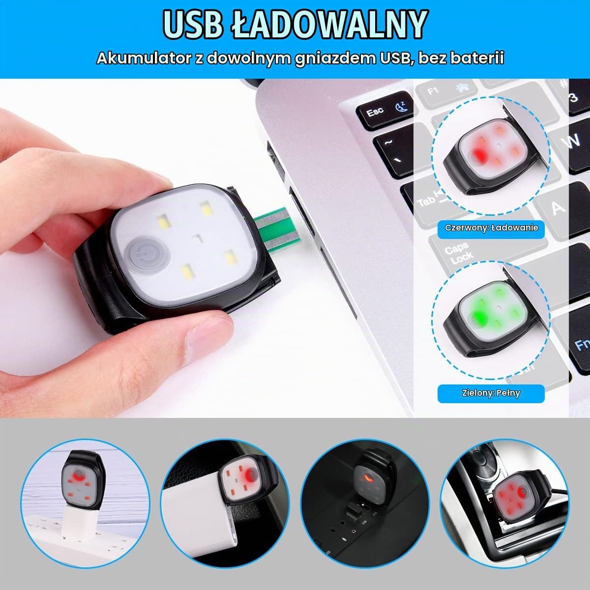 Detalle de URAQT U4-1PSJZD220705-FBA – latarka czołowa LED USB, 4 tryby i klips
